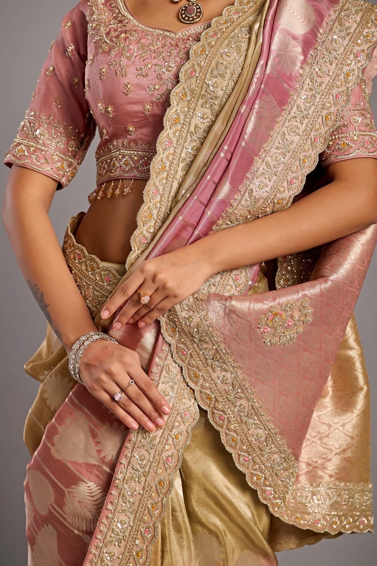 Gold & Dusty Pink Silk Saree with Heavy Zardozi Border