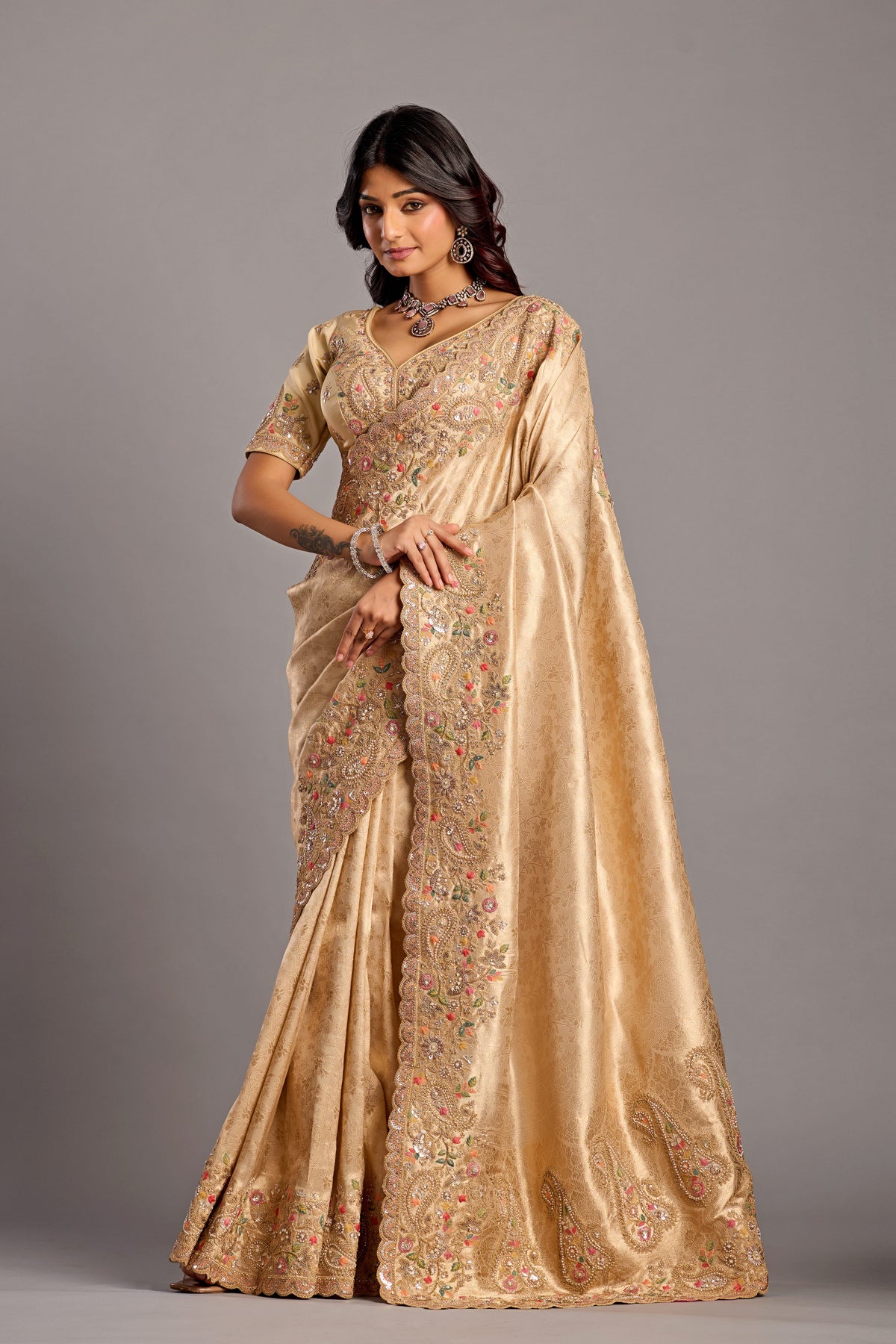 Golden Embroidered Designer Bridal Saree with Heavy Work