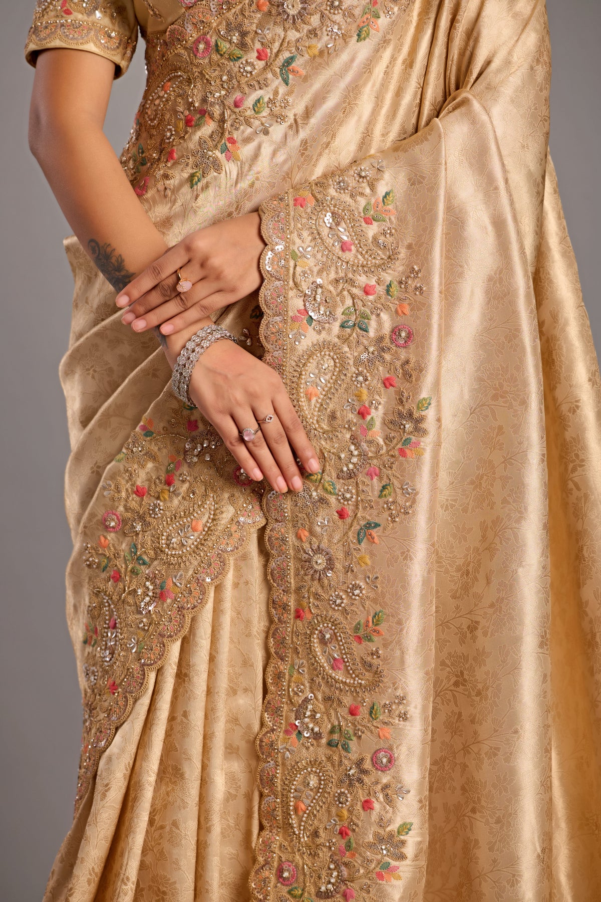 Golden Embroidered Designer Bridal Saree with Heavy Work