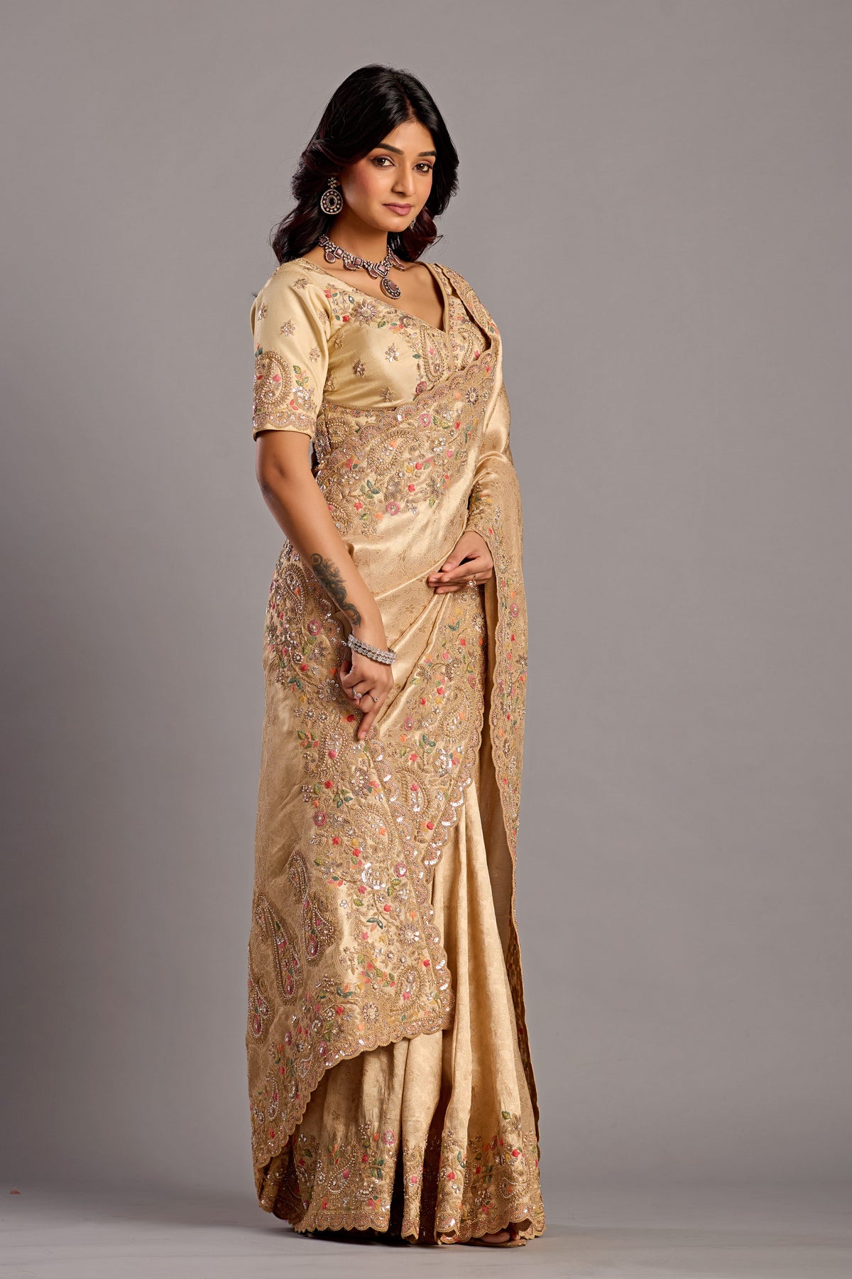 Golden Embroidered Designer Bridal Saree with Heavy Work
