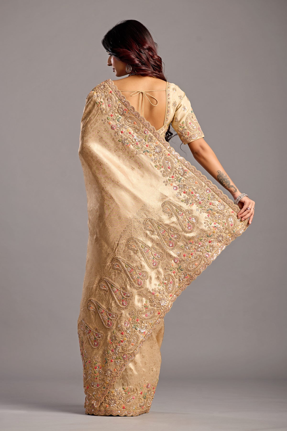 Golden Embroidered Designer Bridal Saree with Heavy Work
