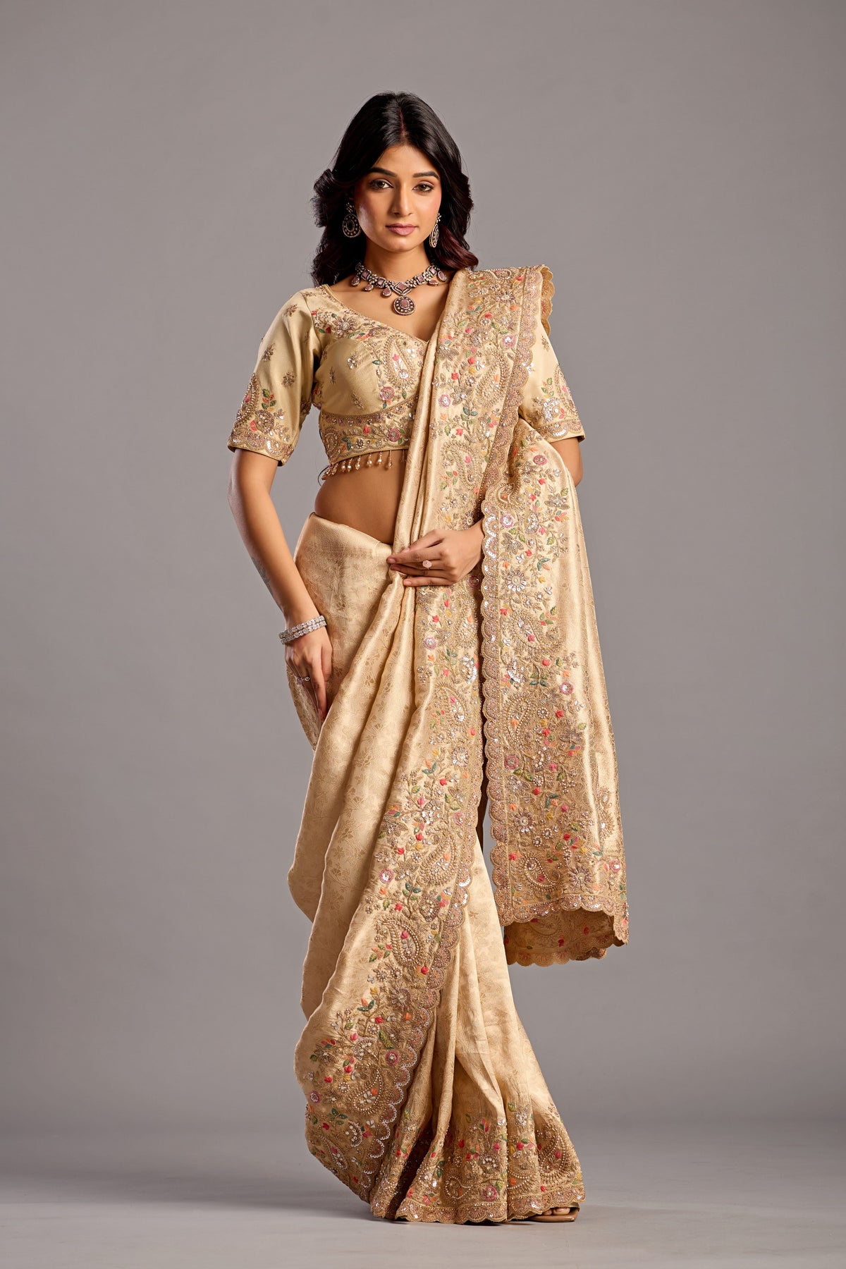 Golden Embroidered Designer Bridal Saree with Heavy Work