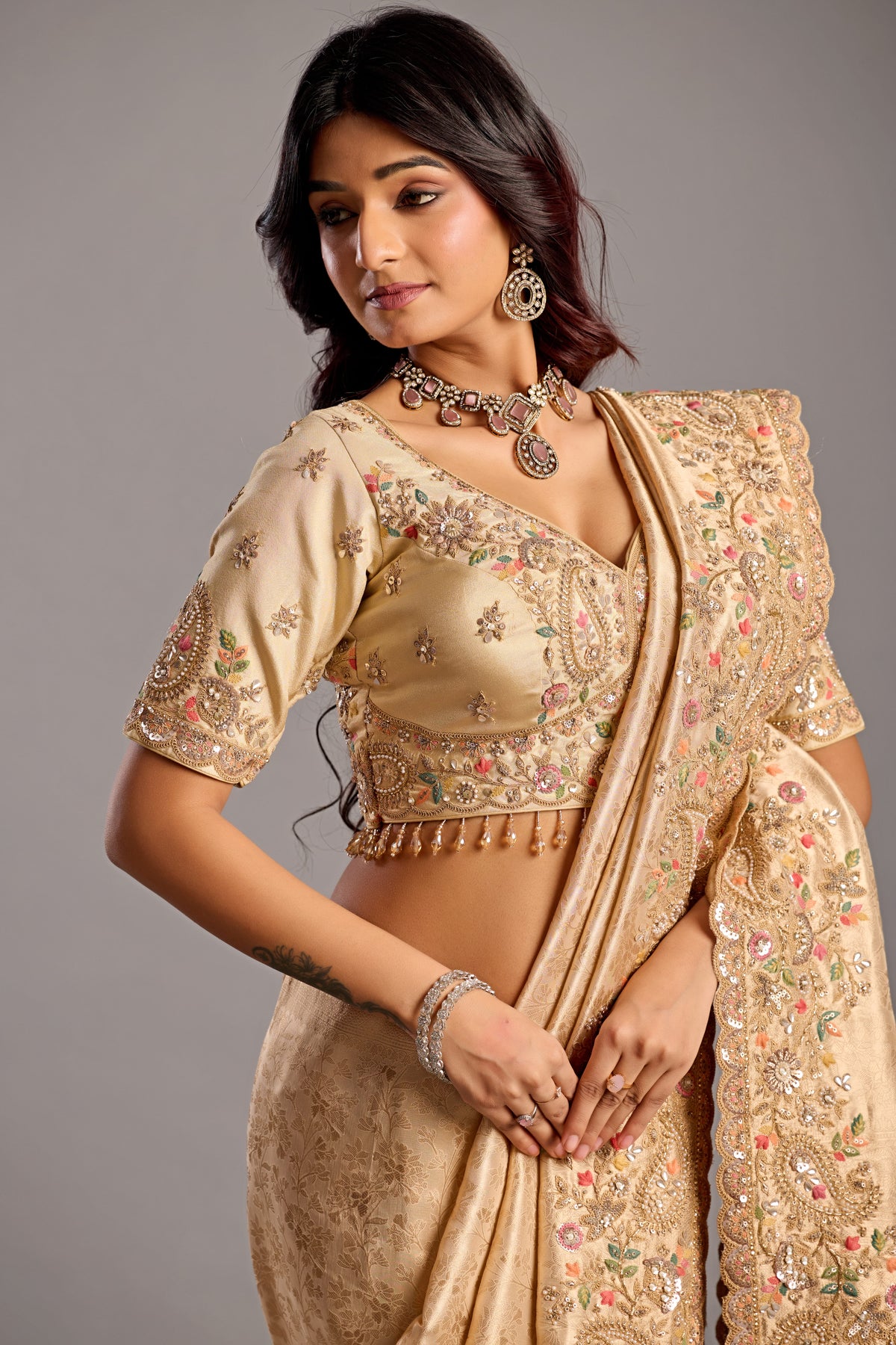 Golden Embroidered Designer Bridal Saree with Heavy Work