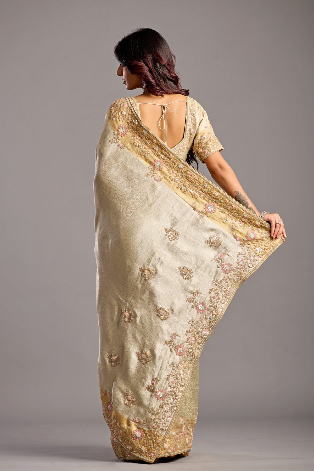 Elegant Vanilla Cream Tissue Silk Saree with Embellished Floral Border