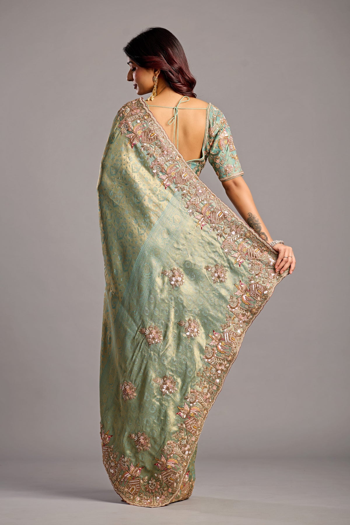 Sea Green Saree with Intricate Floral Embroidery & Embellished Border