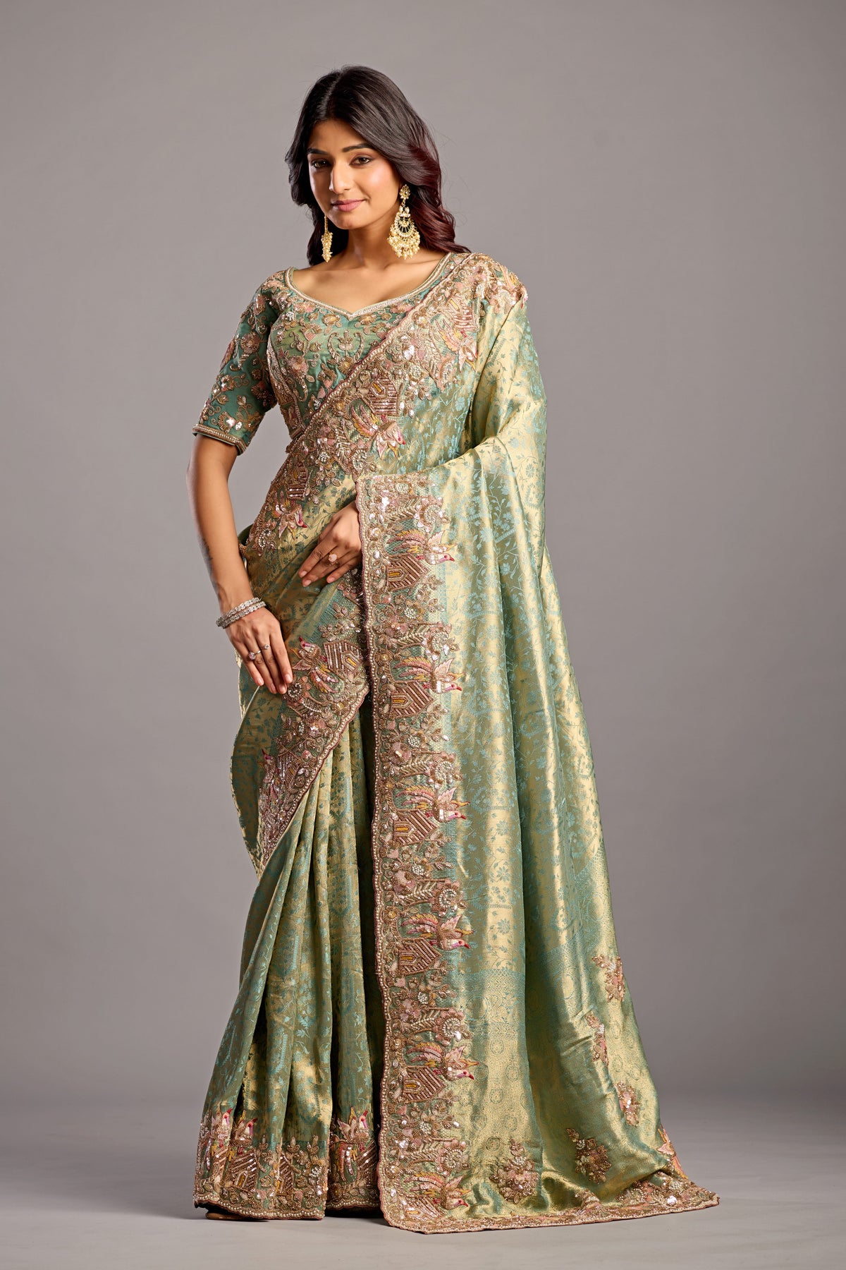 Sea Green Saree with Intricate Floral Embroidery & Embellished Border