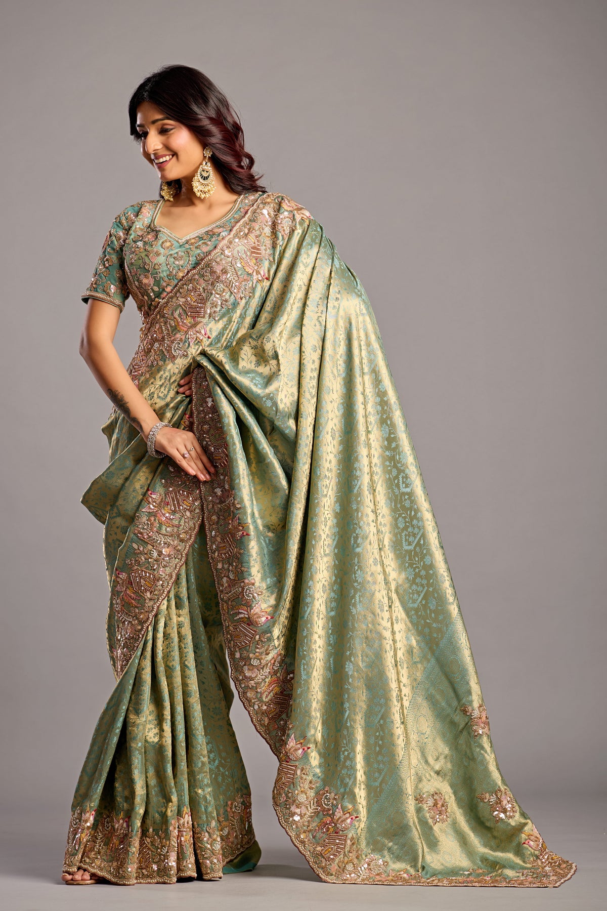 Sea Green Saree with Intricate Floral Embroidery & Embellished Border