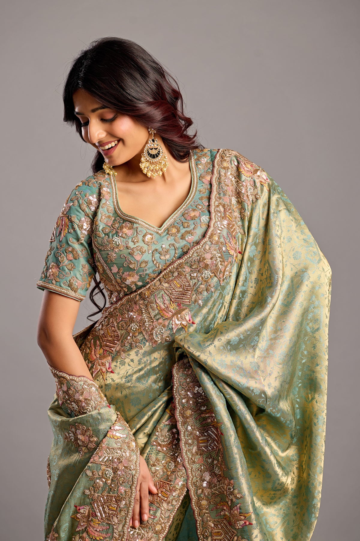 Sea Green Saree with Intricate Floral Embroidery & Embellished Border