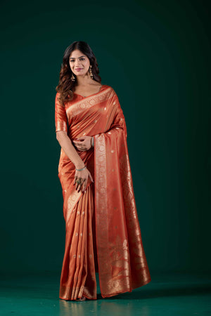 Handloom Banarasi Tussar Silk Light Orange Saree with Golden Zari Floral Pallu | Wedding & Festive Wear