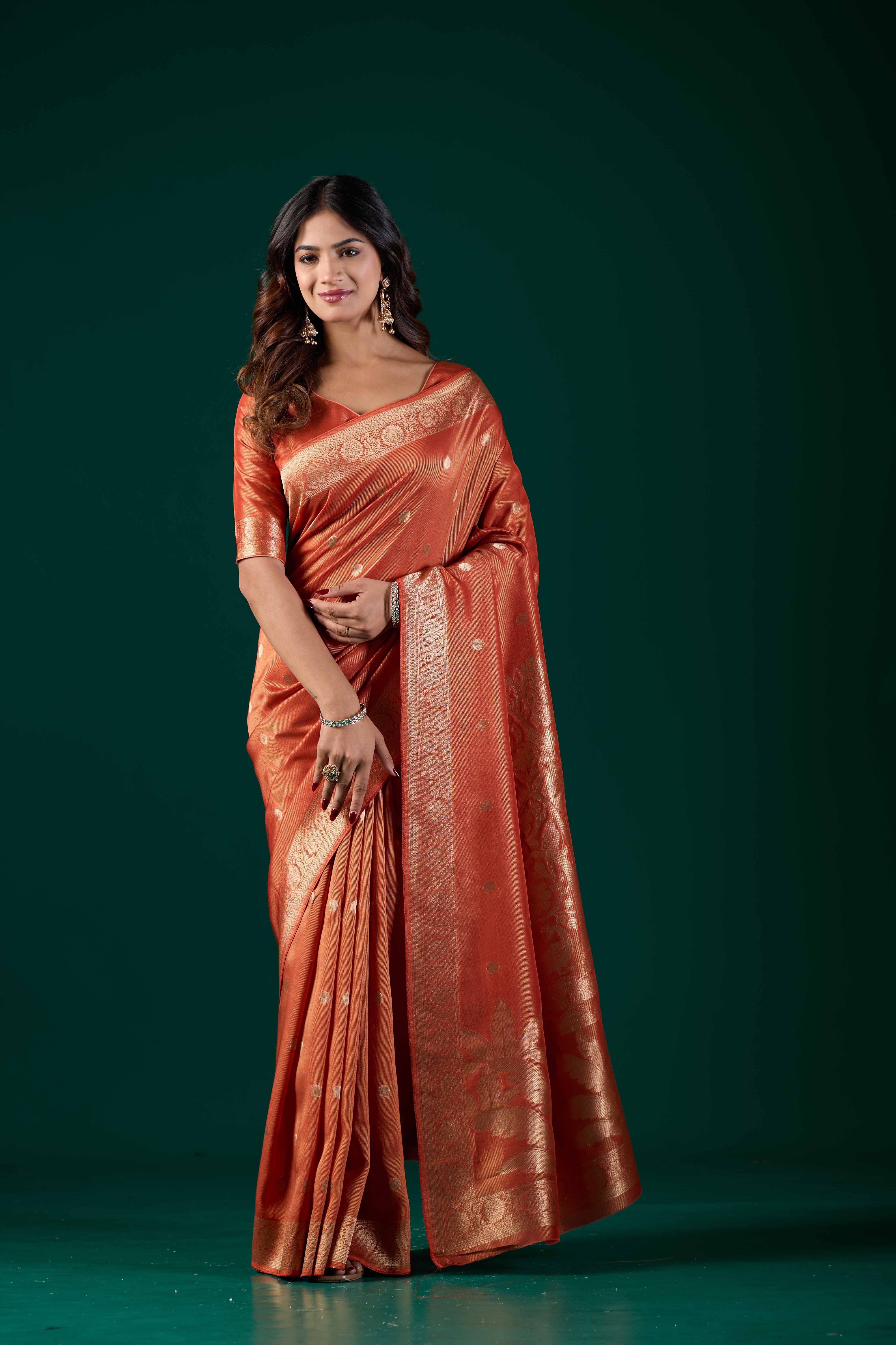 Handloom Banarasi Tussar Silk Light Orange Saree with Golden Zari Floral Pallu | Wedding & Festive Wear