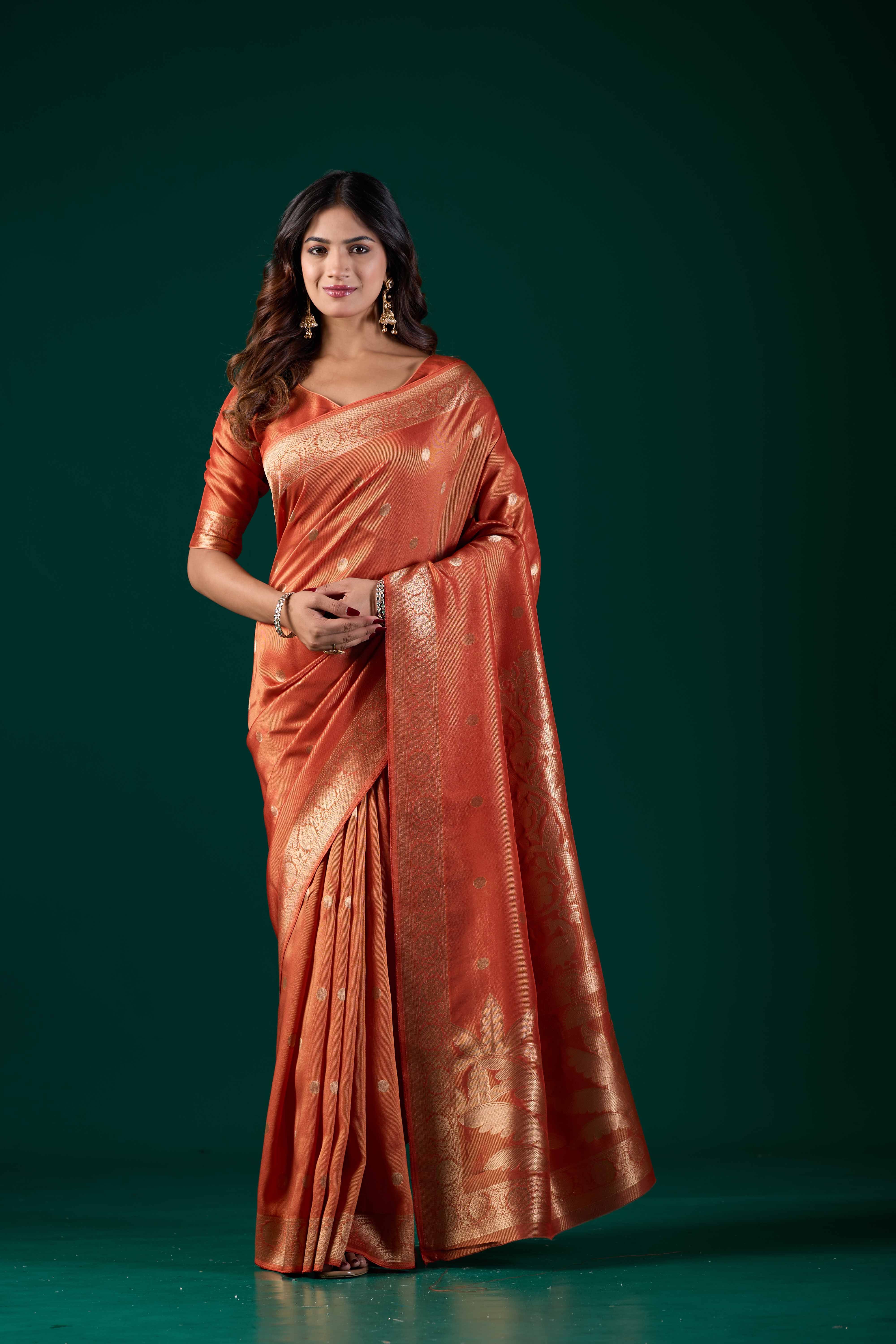 Handloom Banarasi Tussar Silk Light Orange Saree with Golden Zari Floral Pallu | Wedding & Festive Wear