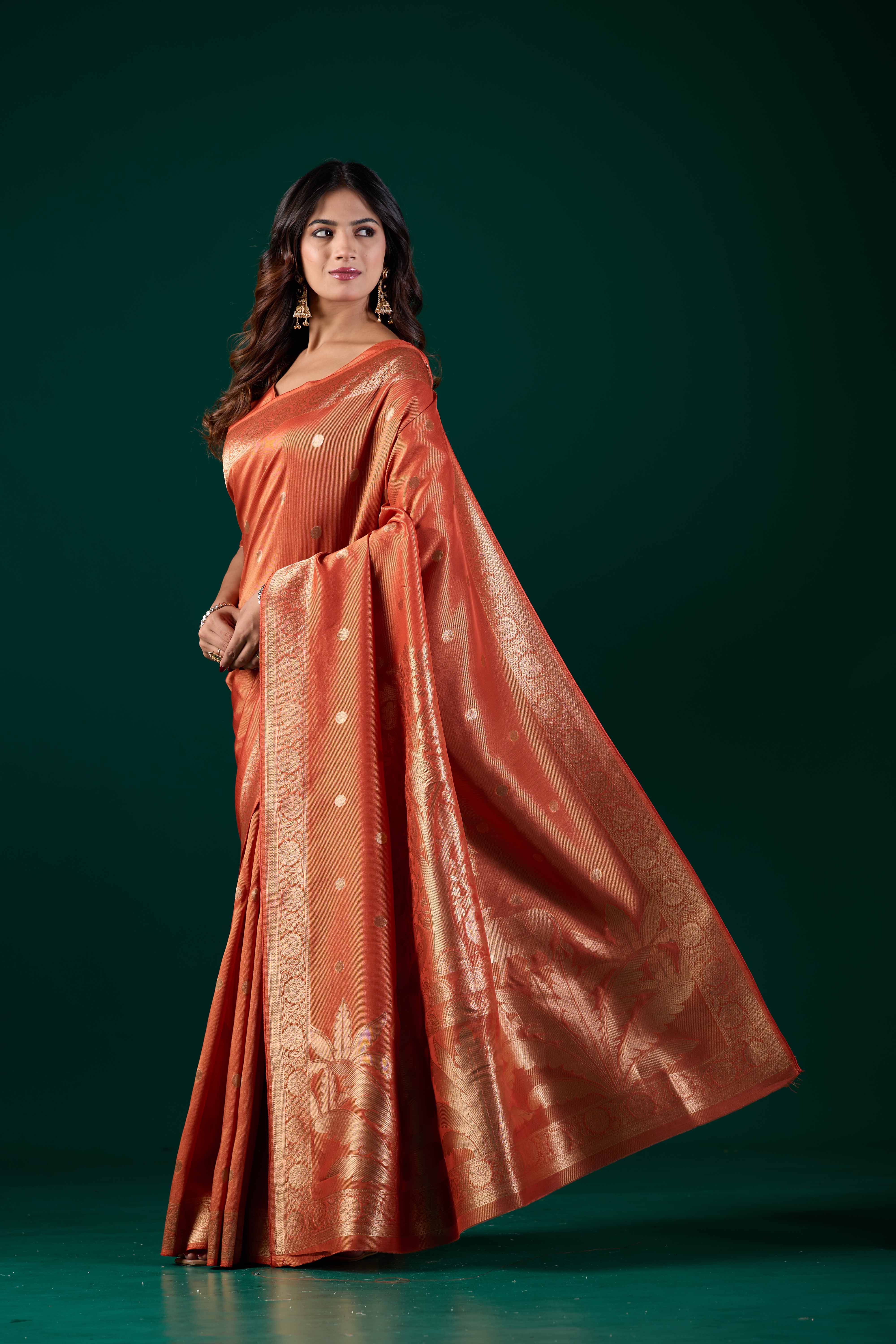 Handloom Banarasi Tussar Silk Light Orange Saree with Golden Zari Floral Pallu | Wedding & Festive Wear