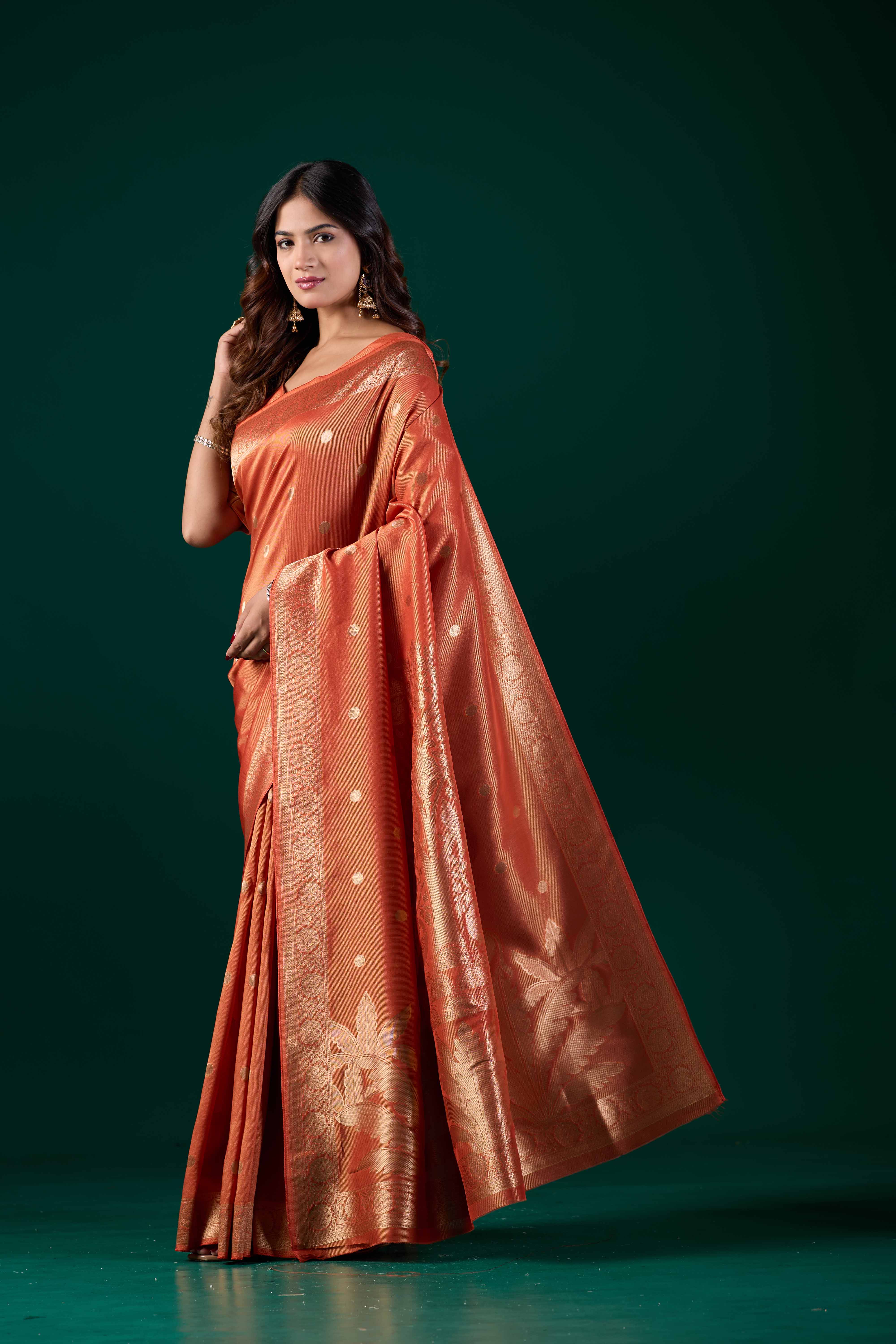 Handloom Banarasi Tussar Silk Light Orange Saree with Golden Zari Floral Pallu | Wedding & Festive Wear