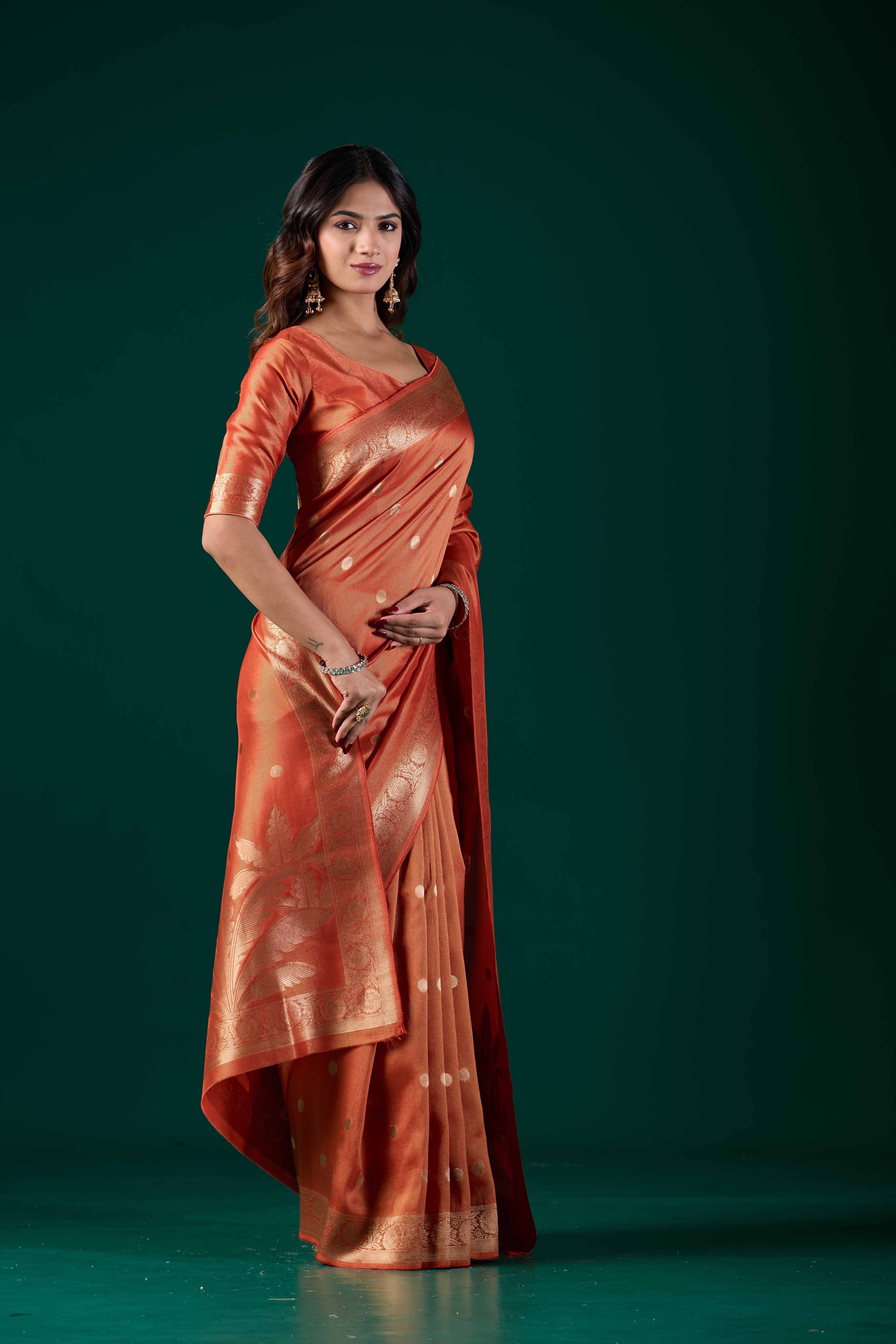 Handloom Banarasi Tussar Silk Light Orange Saree with Golden Zari Floral Pallu | Wedding & Festive Wear