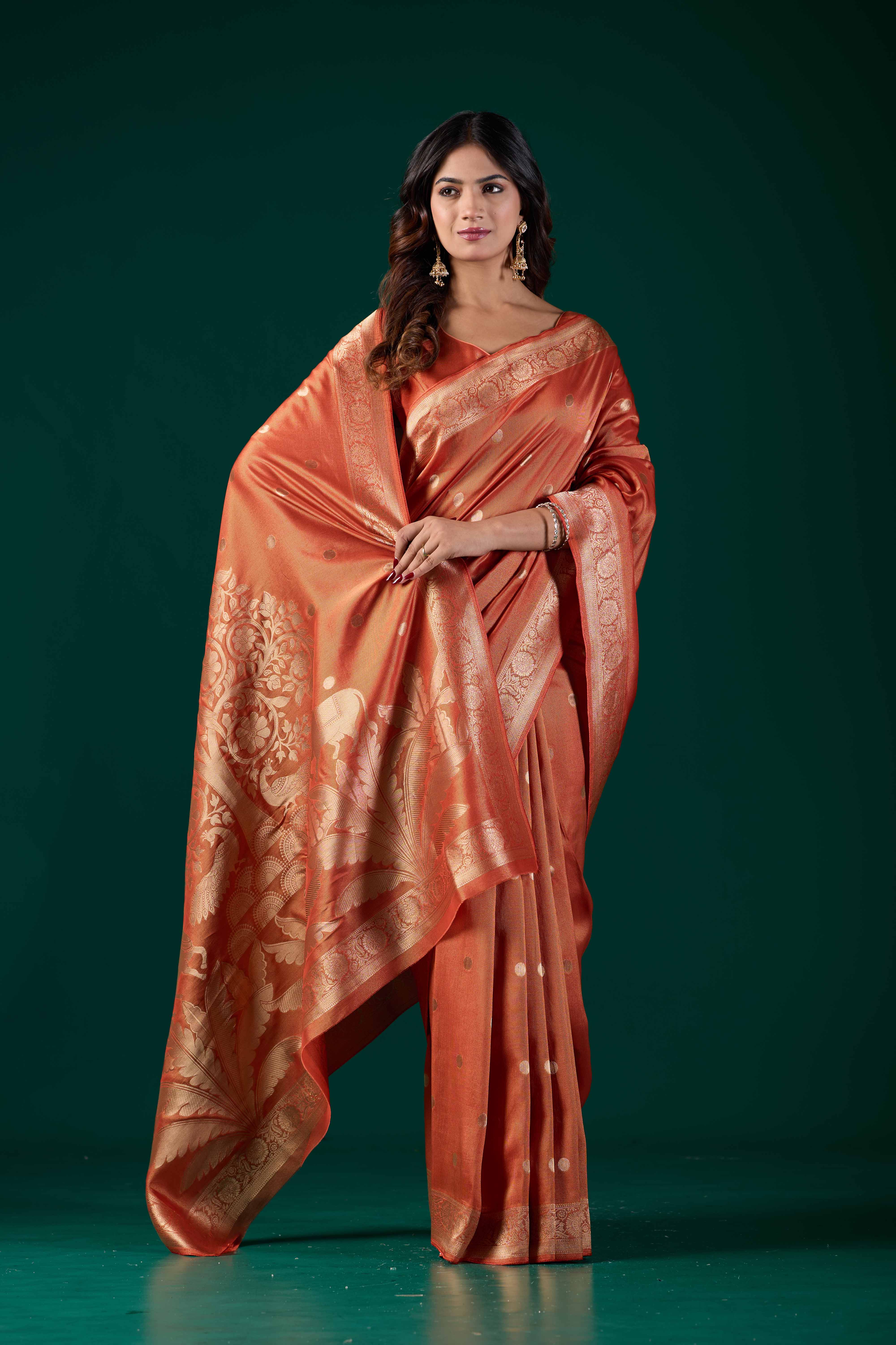 Handloom Banarasi Tussar Silk Light Orange Saree with Golden Zari Floral Pallu | Wedding & Festive Wear
