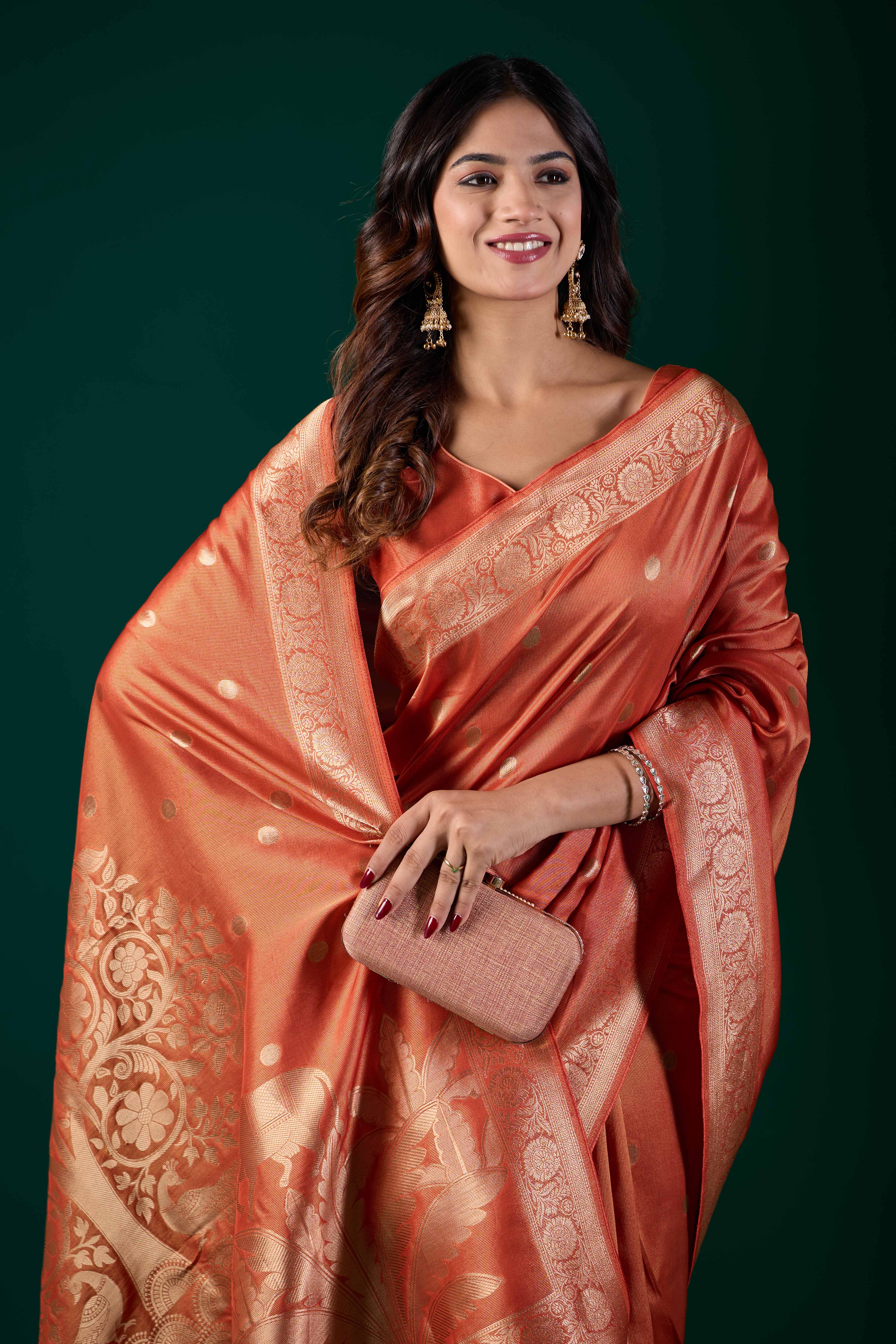 Handloom Banarasi Tussar Silk Light Orange Saree with Golden Zari Floral Pallu | Wedding & Festive Wear