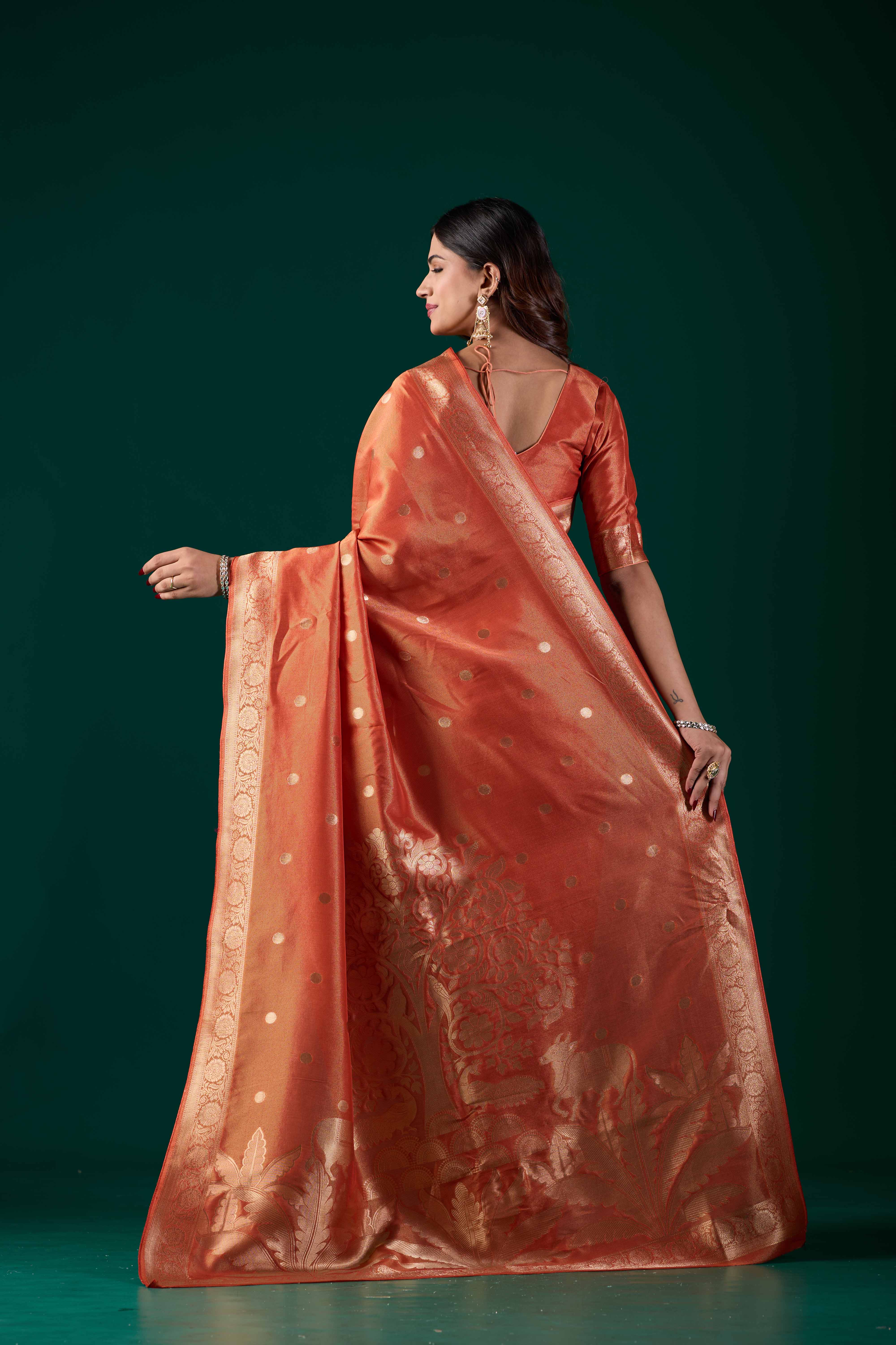 Handloom Banarasi Tussar Silk Light Orange Saree with Golden Zari Floral Pallu | Wedding & Festive Wear