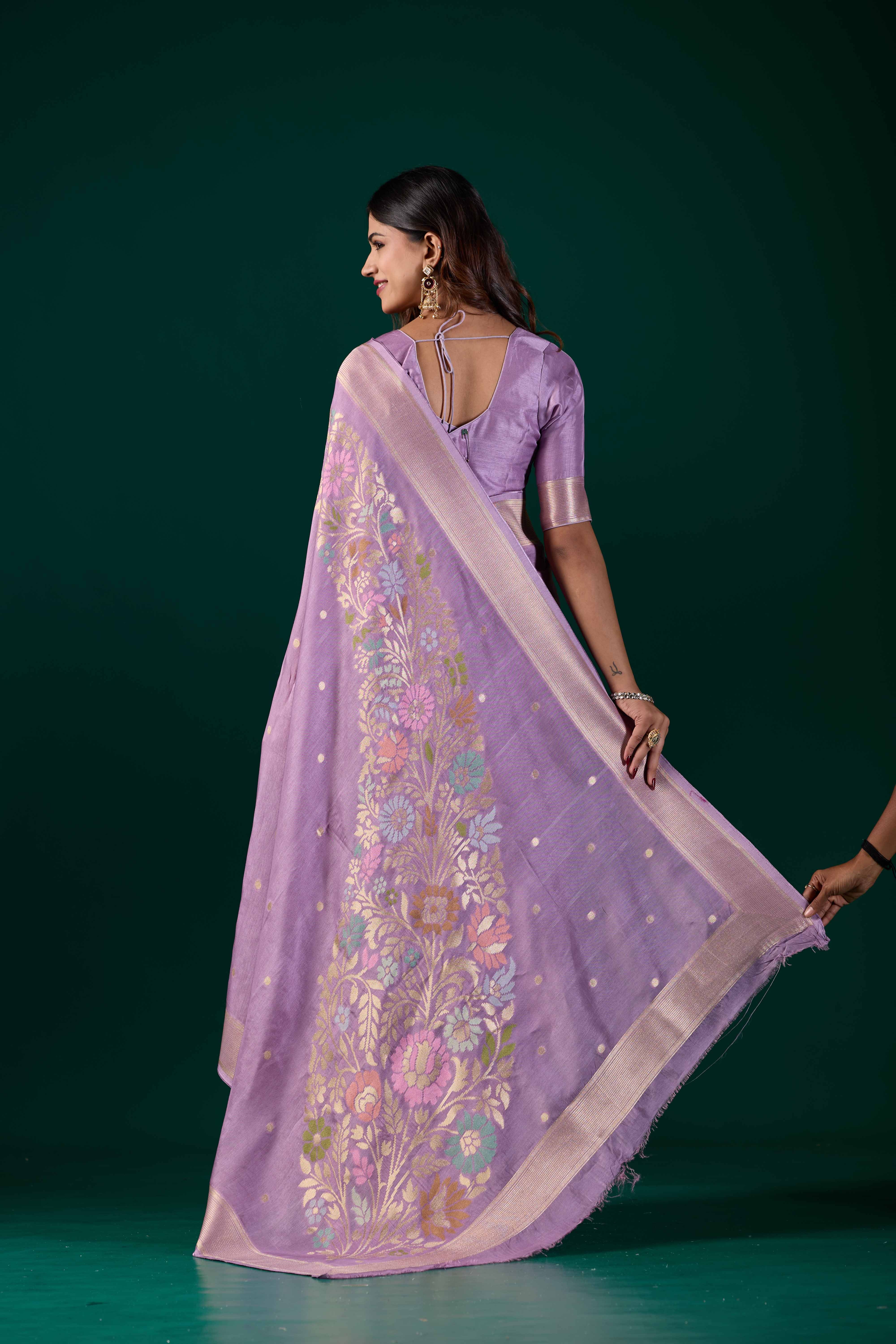 Lilac Lavender Banarasi Woven Saree with Floral Zari Border | Wedding & Festive Wear