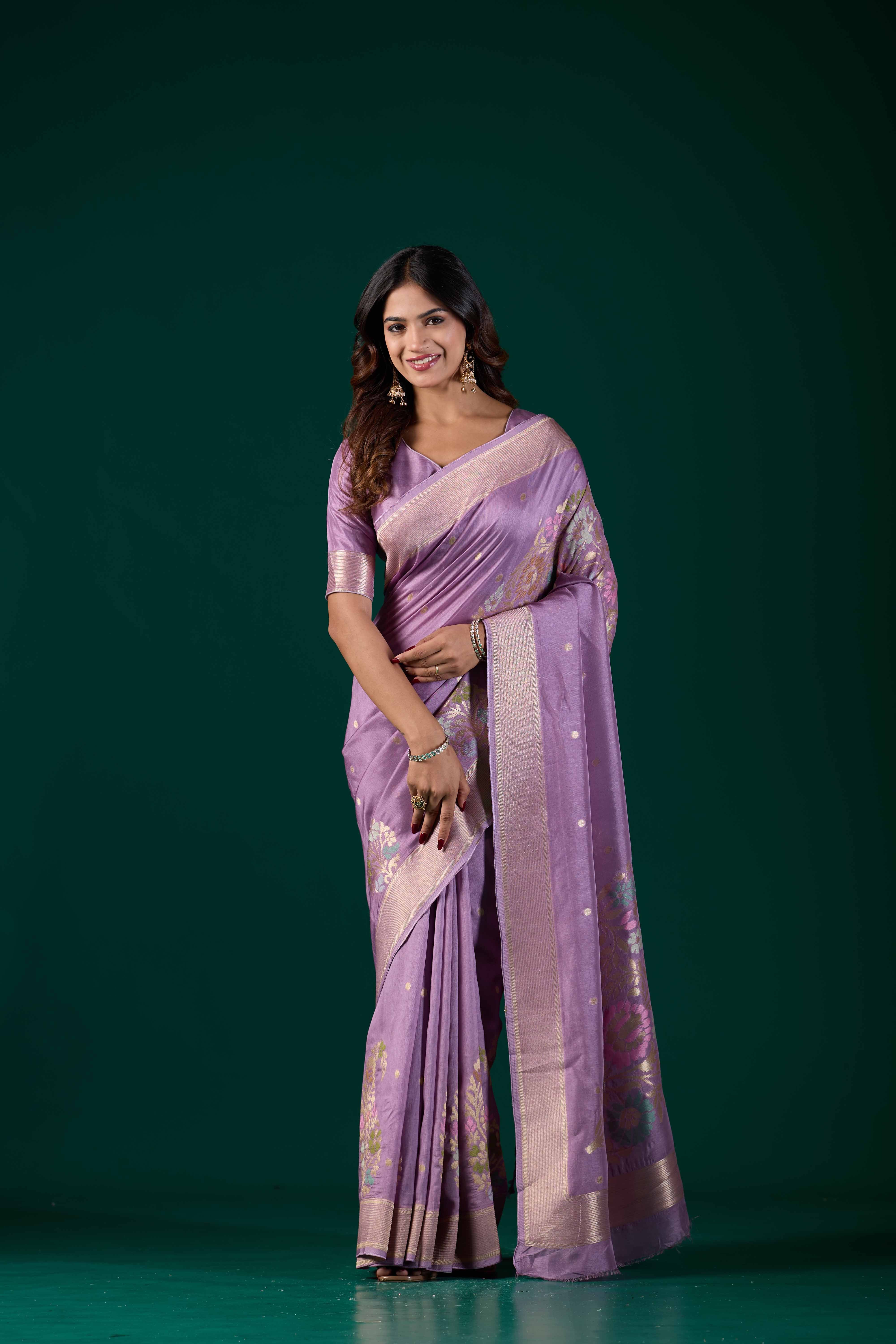Lilac Lavender Banarasi Woven Saree with Floral Zari Border | Wedding & Festive Wear