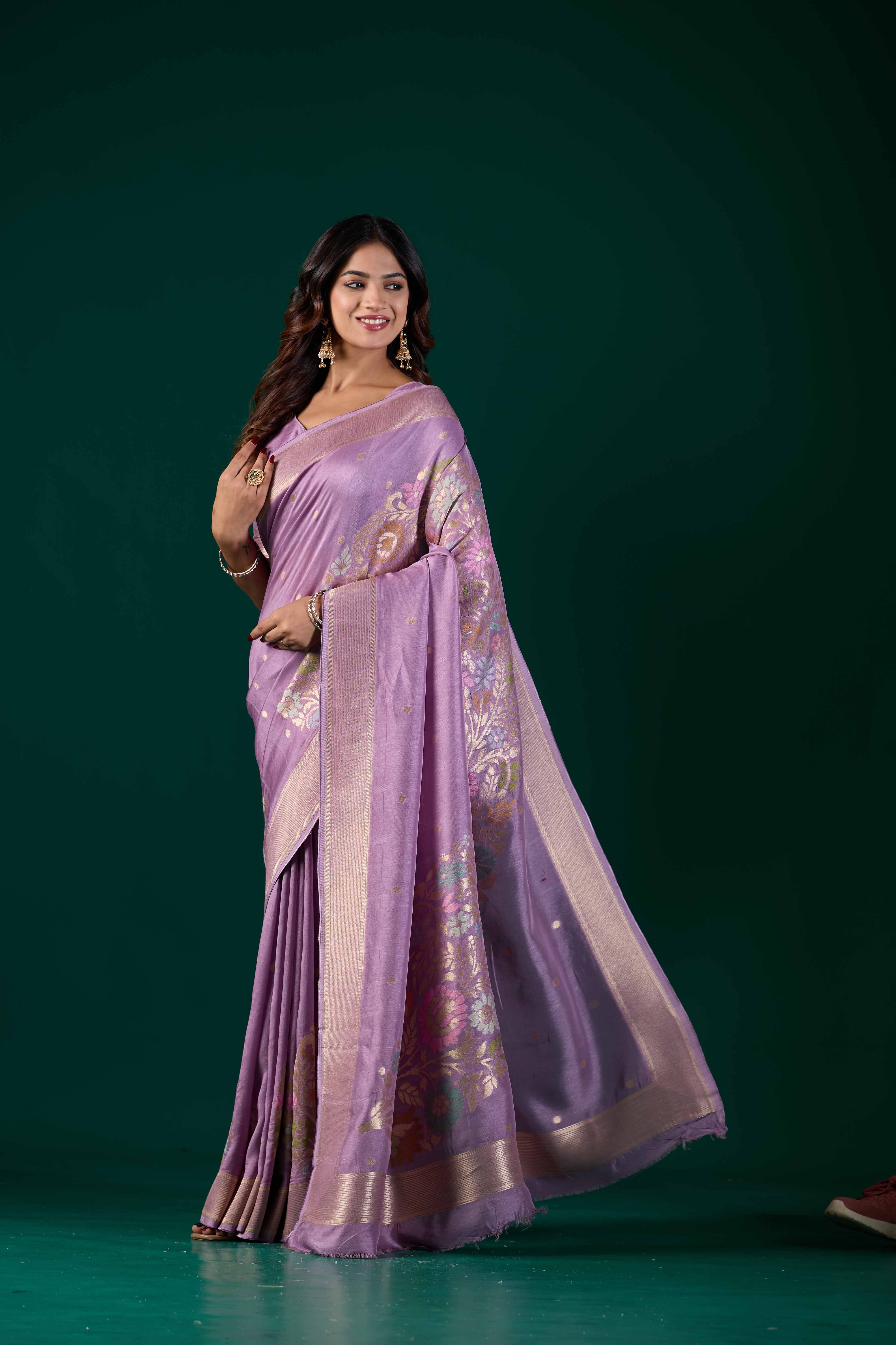 Lilac Lavender Banarasi Woven Saree with Floral Zari Border | Wedding & Festive Wear