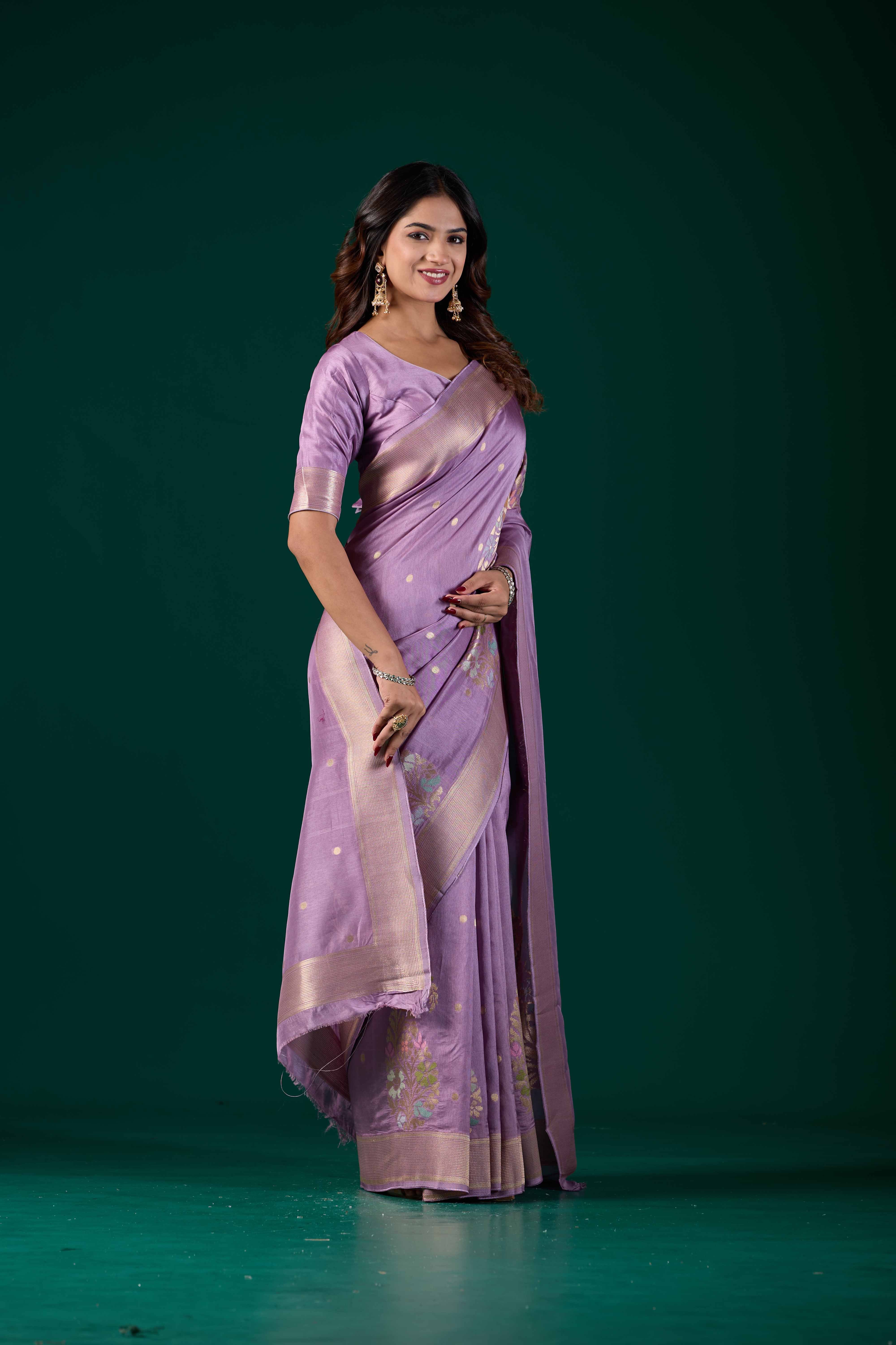 Lilac Lavender Banarasi Woven Saree with Floral Zari Border | Wedding & Festive Wear