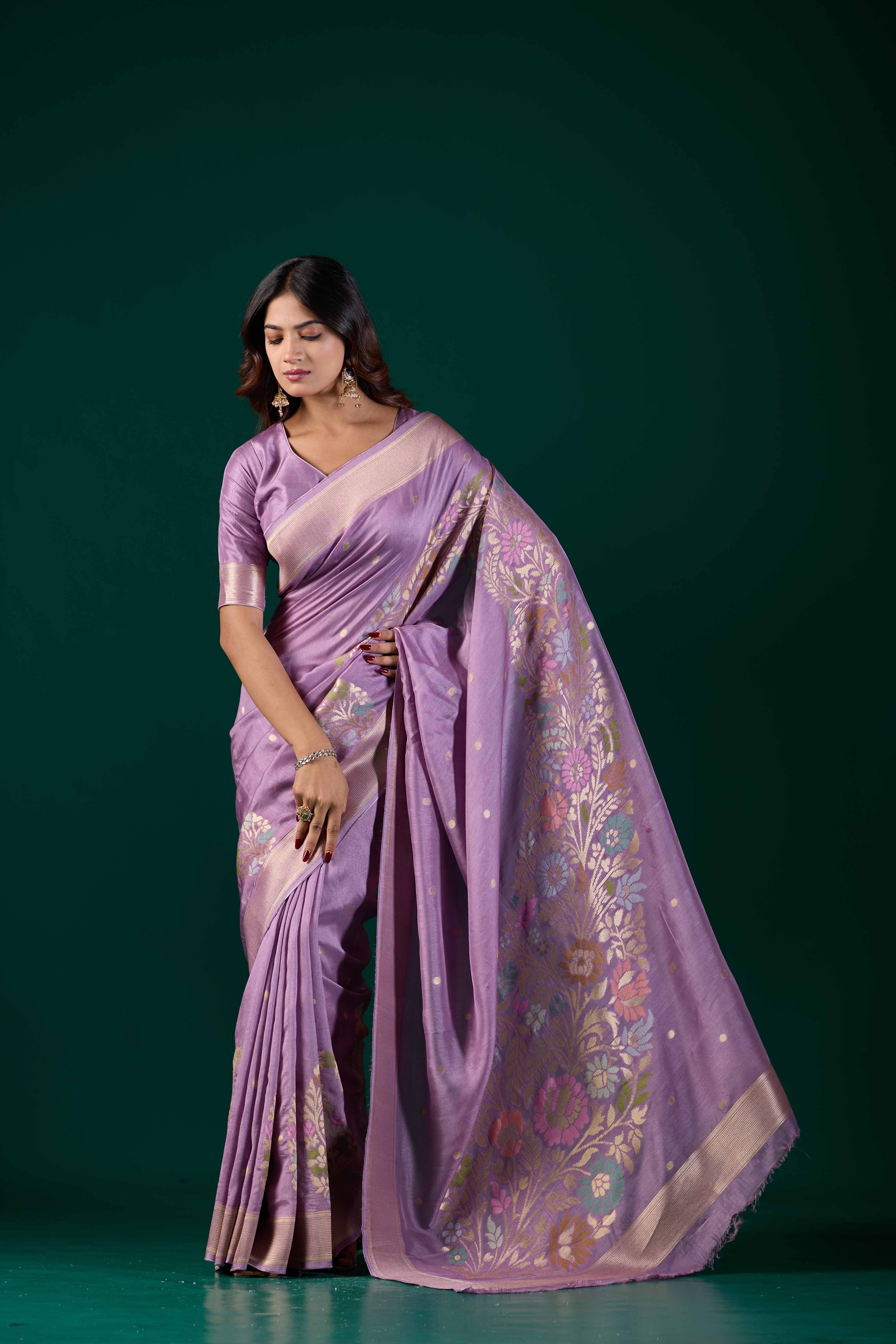 Lilac Lavender Banarasi Woven Saree with Floral Zari Border | Wedding & Festive Wear