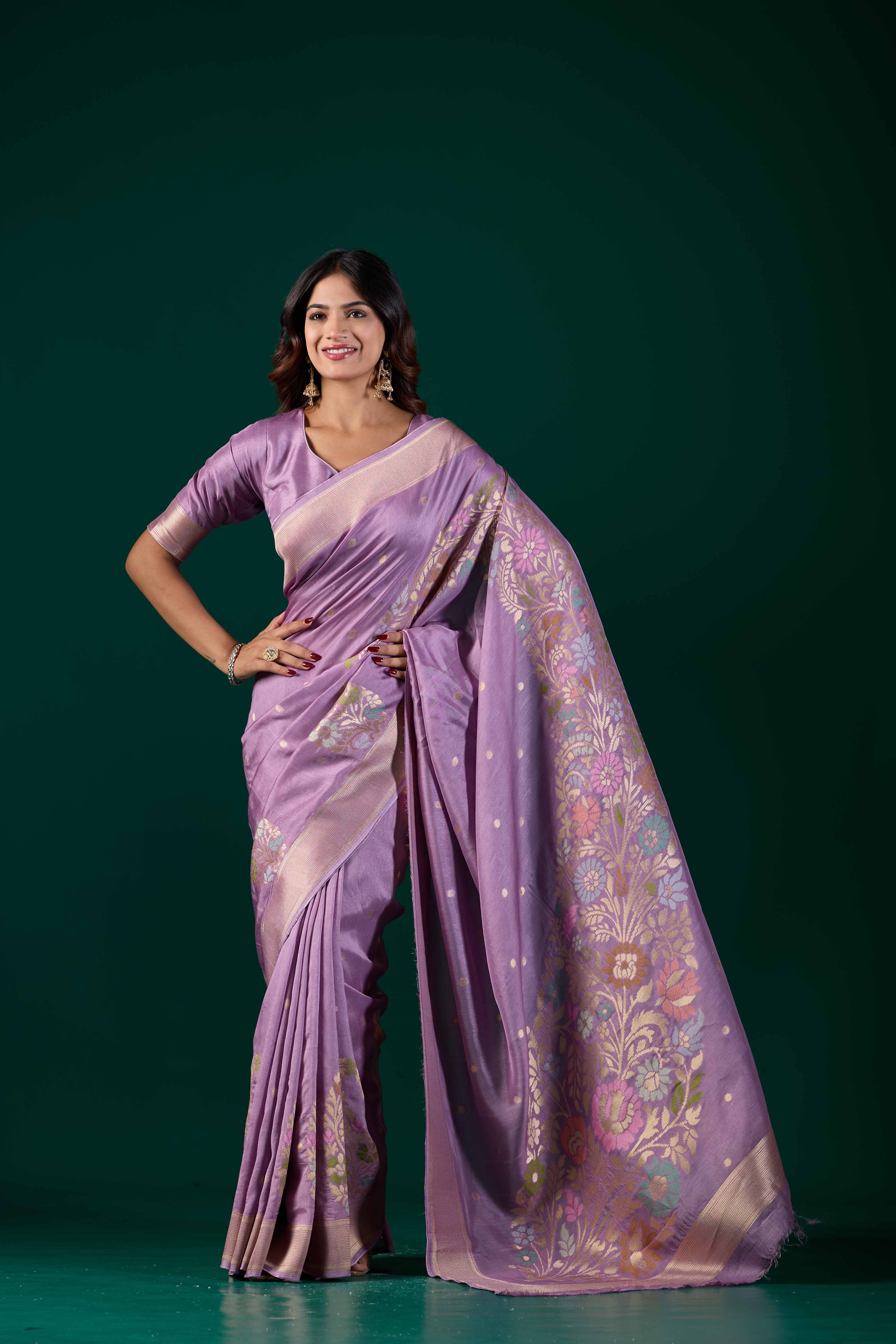 Lilac Lavender Banarasi Woven Saree with Floral Zari Border | Wedding & Festive Wear