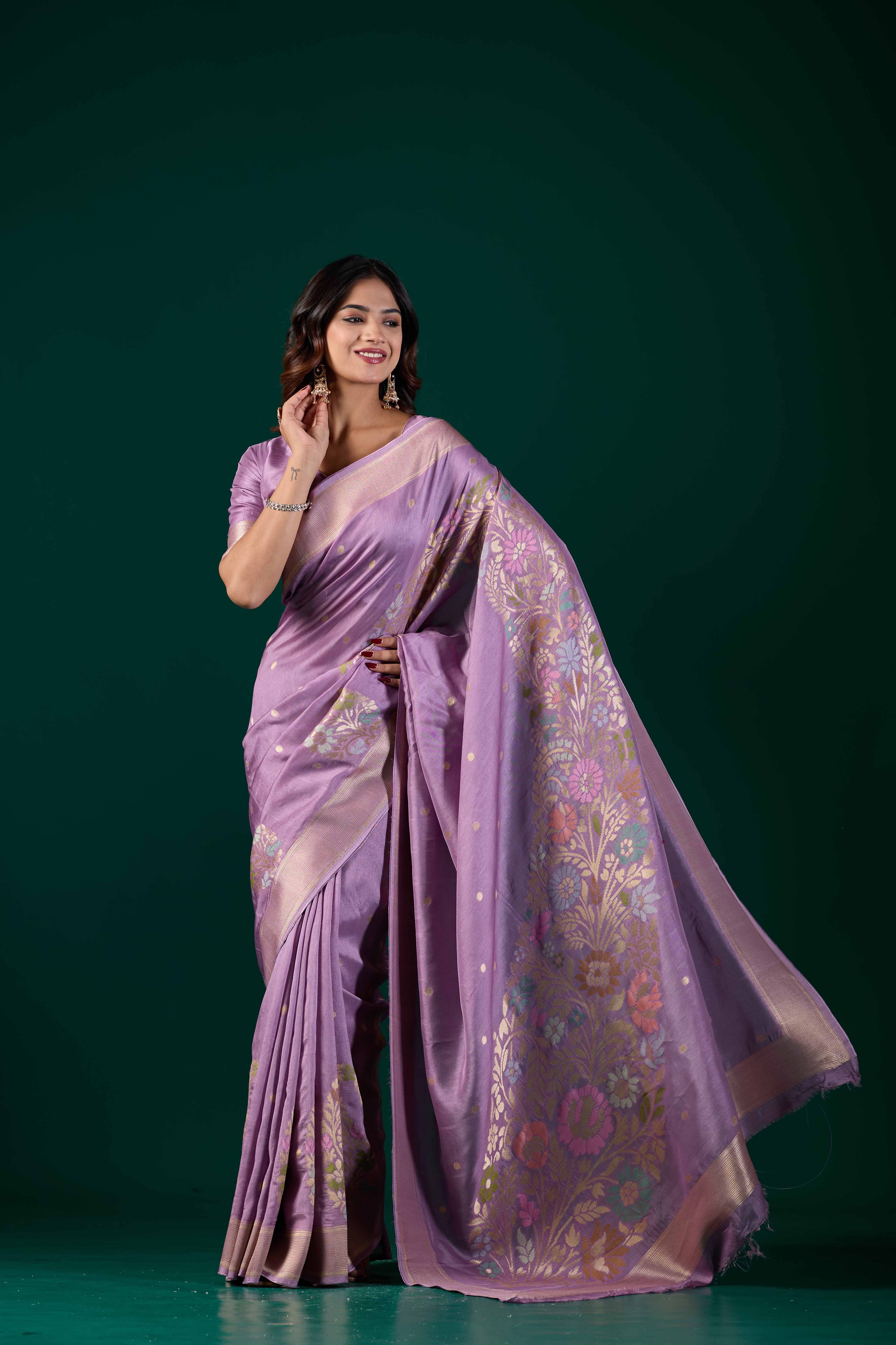 Lilac Lavender Banarasi Woven Saree with Floral Zari Border | Wedding & Festive Wear