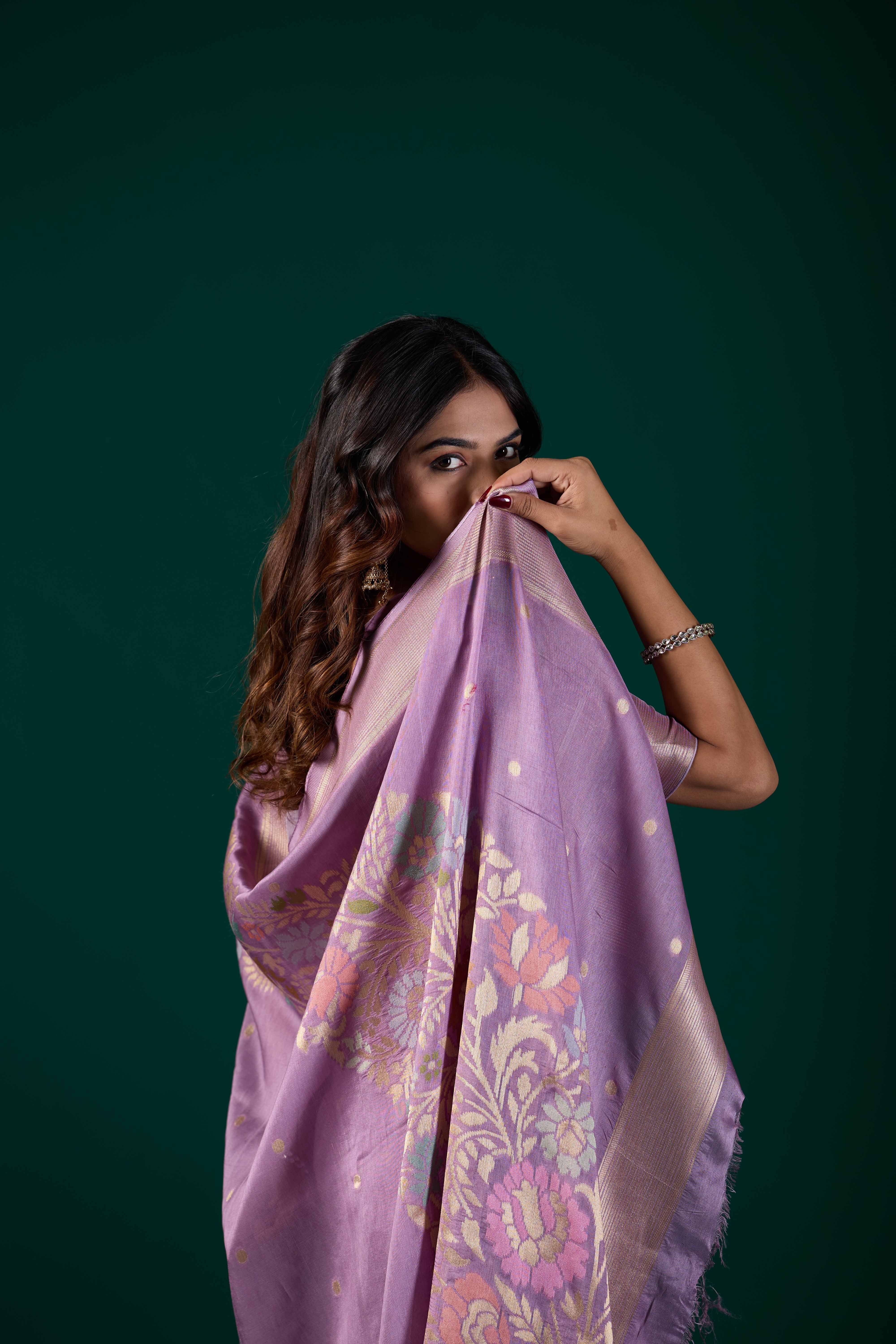 Lilac Lavender Banarasi Woven Saree with Floral Zari Border | Wedding & Festive Wear