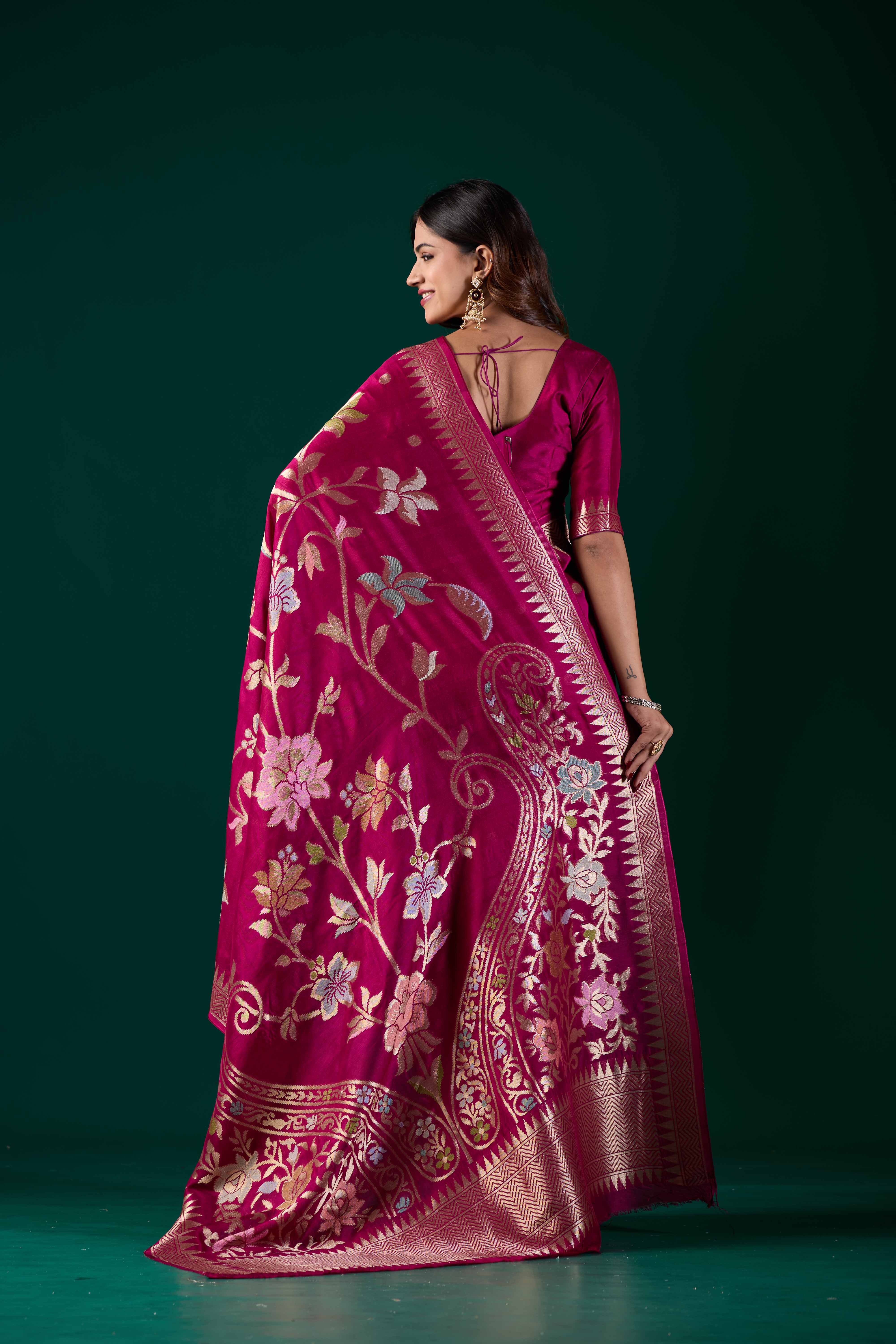Wine Crepe Botanical Zari Woven Saree | Elegant Banarasi Wedding & Festive Wear