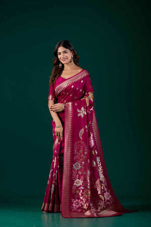 Wine Crepe Botanical Zari Woven Saree | Elegant Banarasi Wedding & Festive Wear