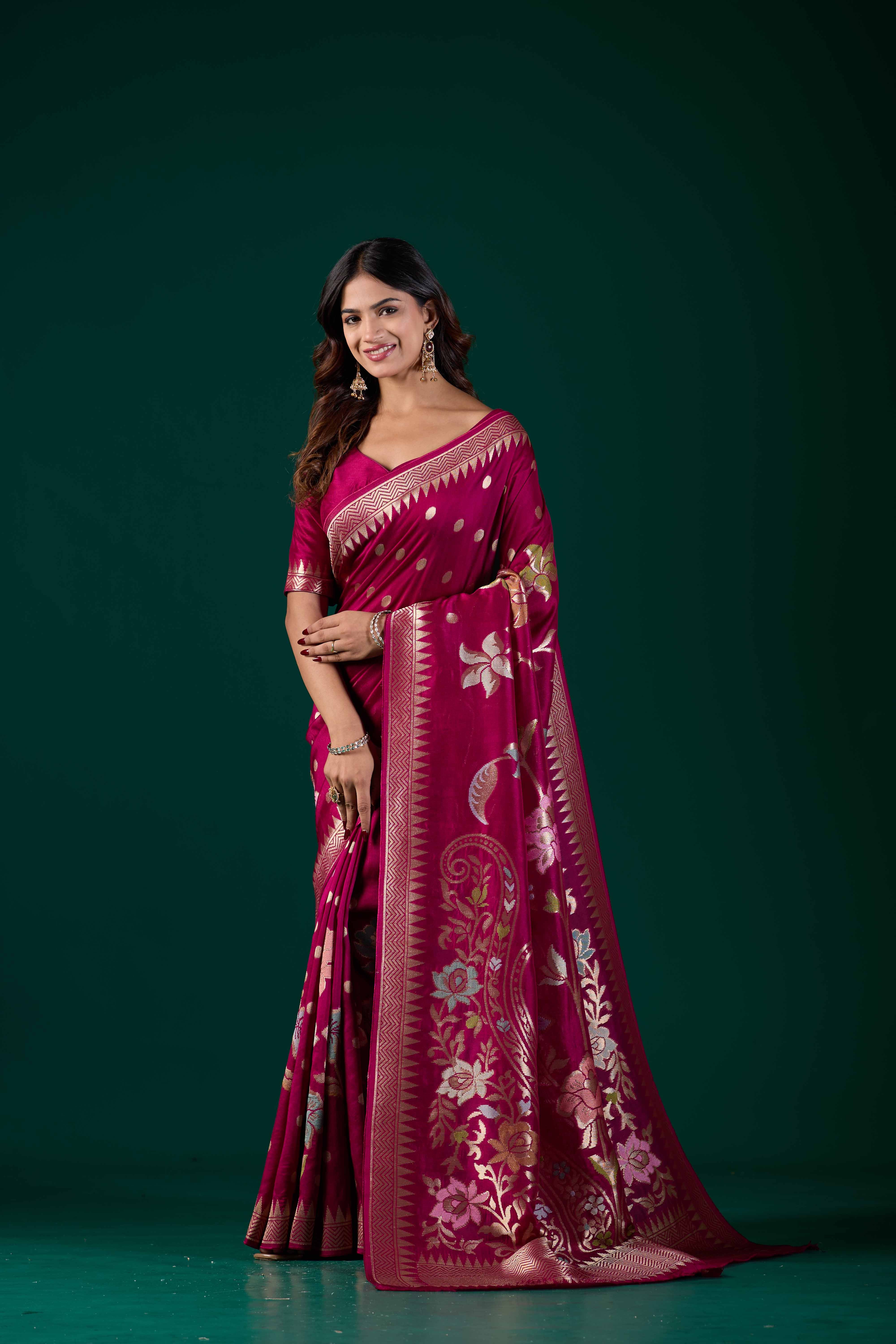 Wine Crepe Botanical Zari Woven Saree | Elegant Banarasi Wedding & Festive Wear