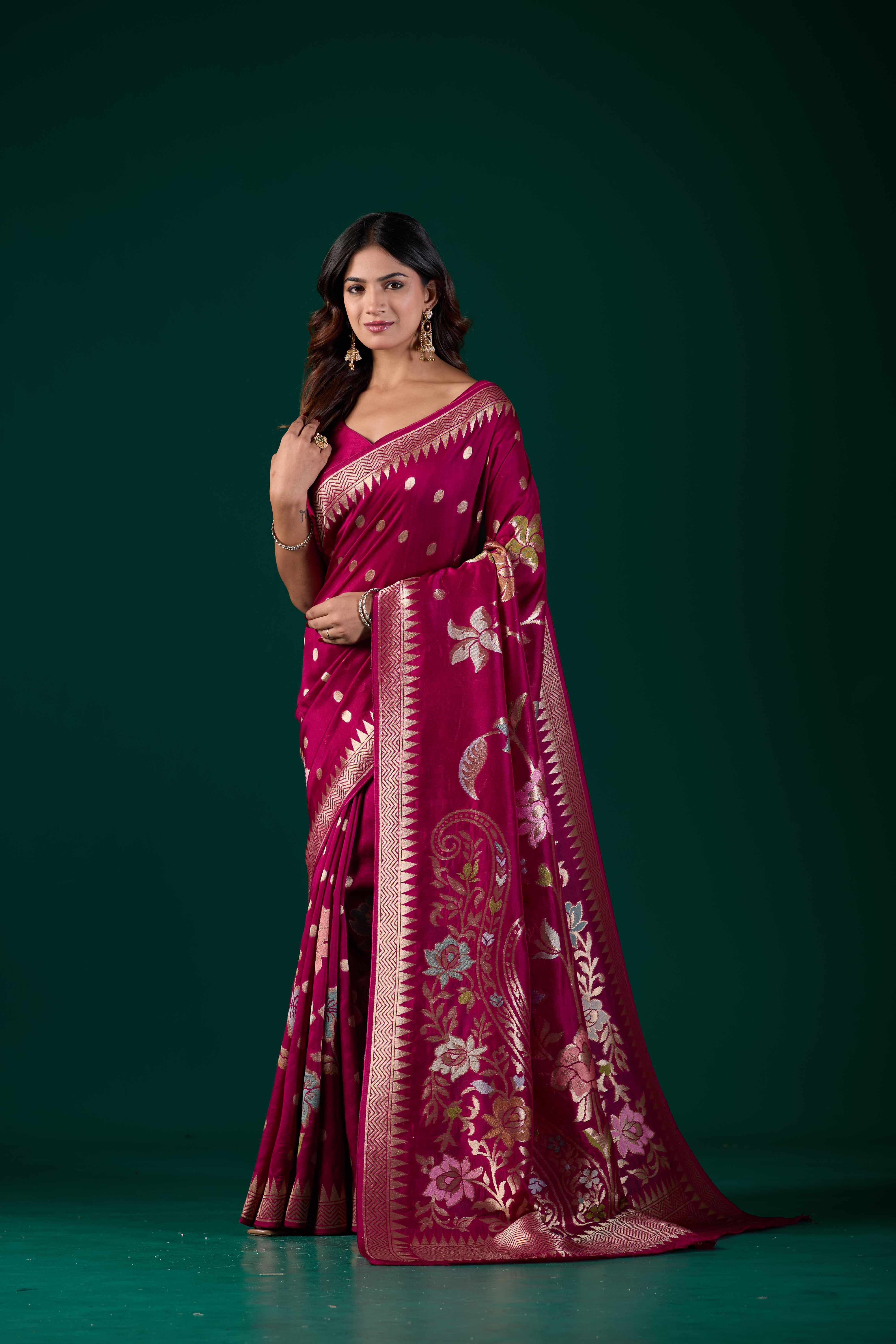 Wine Crepe Botanical Zari Woven Saree | Elegant Banarasi Wedding & Festive Wear