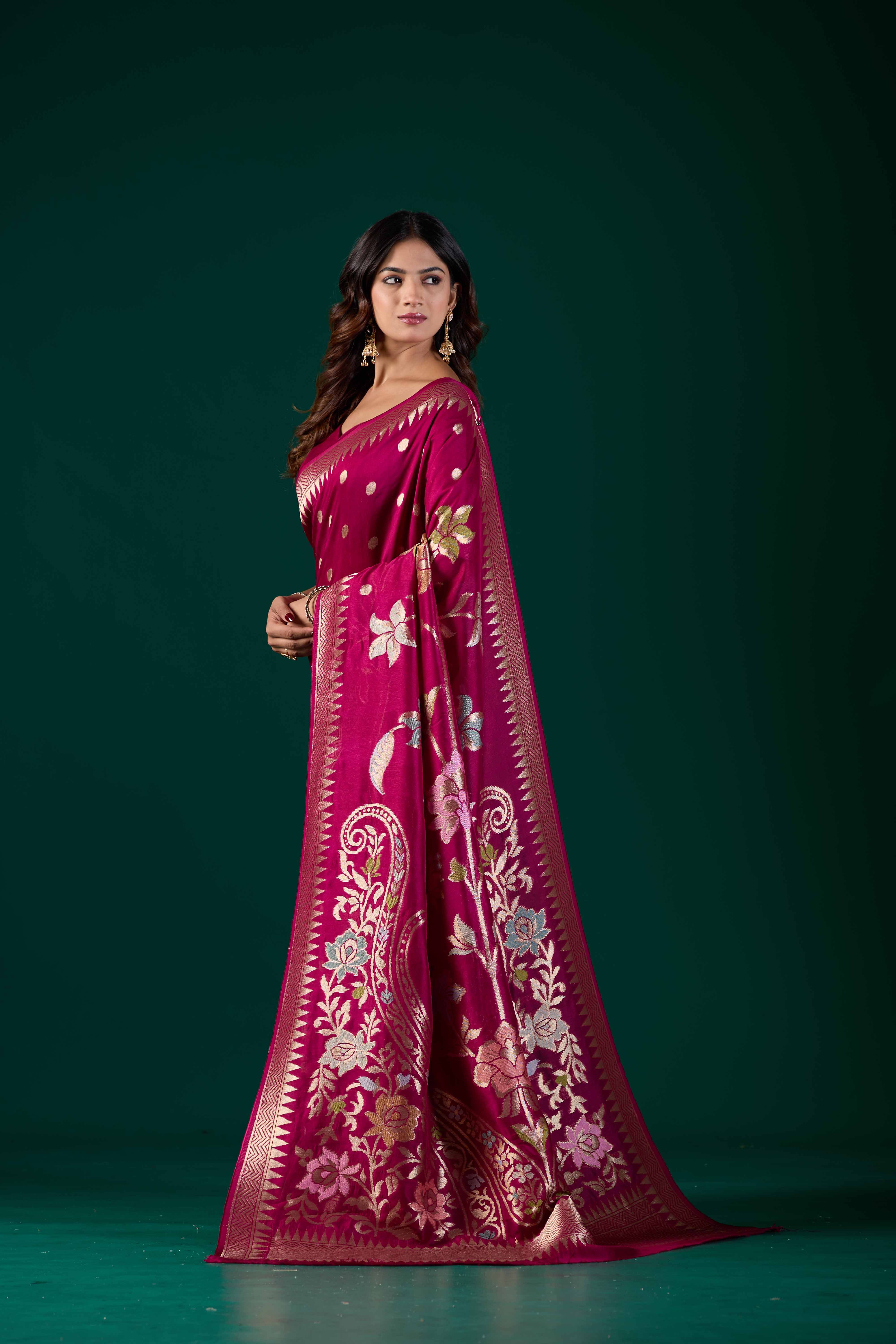 Wine Crepe Botanical Zari Woven Saree | Elegant Banarasi Wedding & Festive Wear