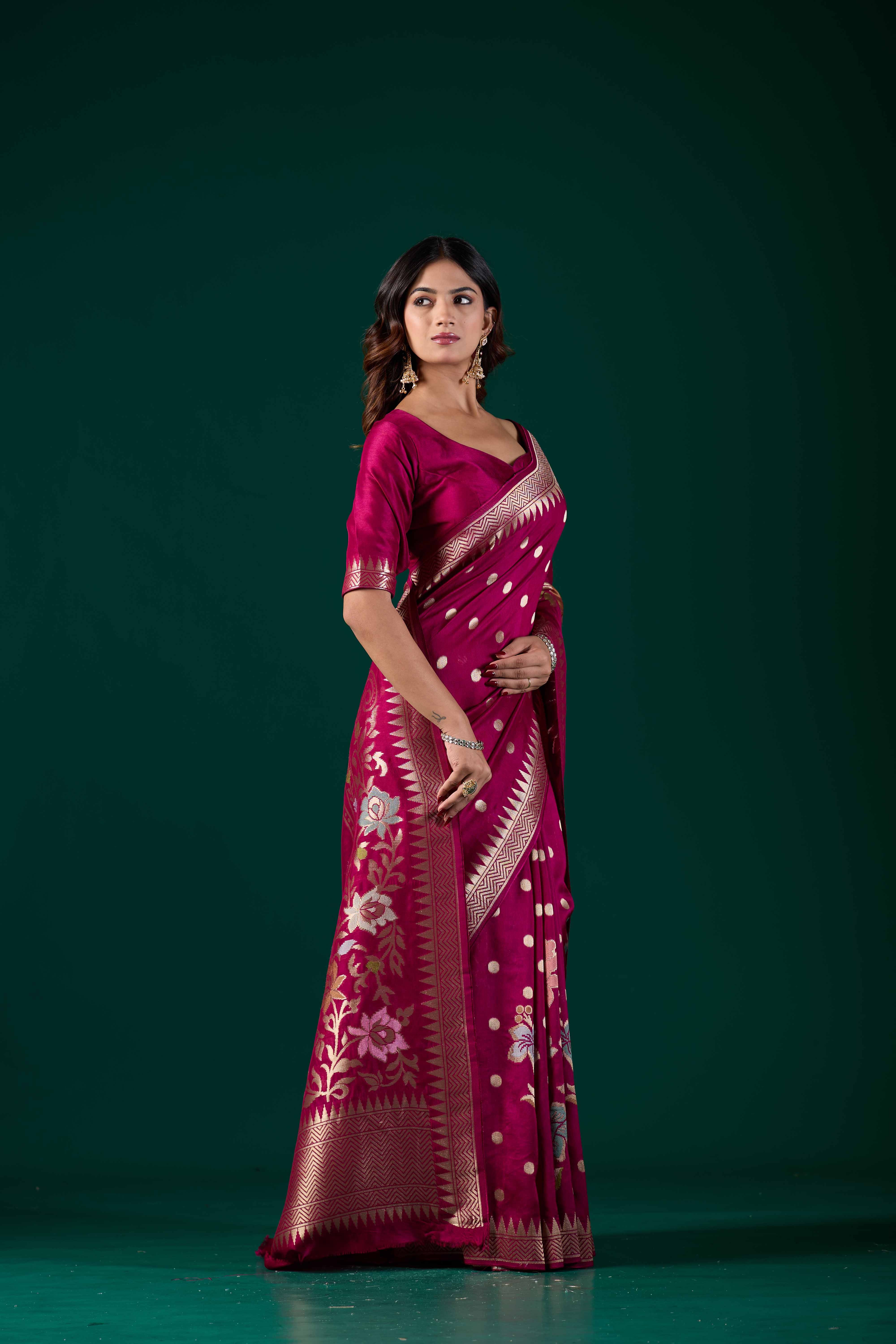 Wine Crepe Botanical Zari Woven Saree | Elegant Banarasi Wedding & Festive Wear