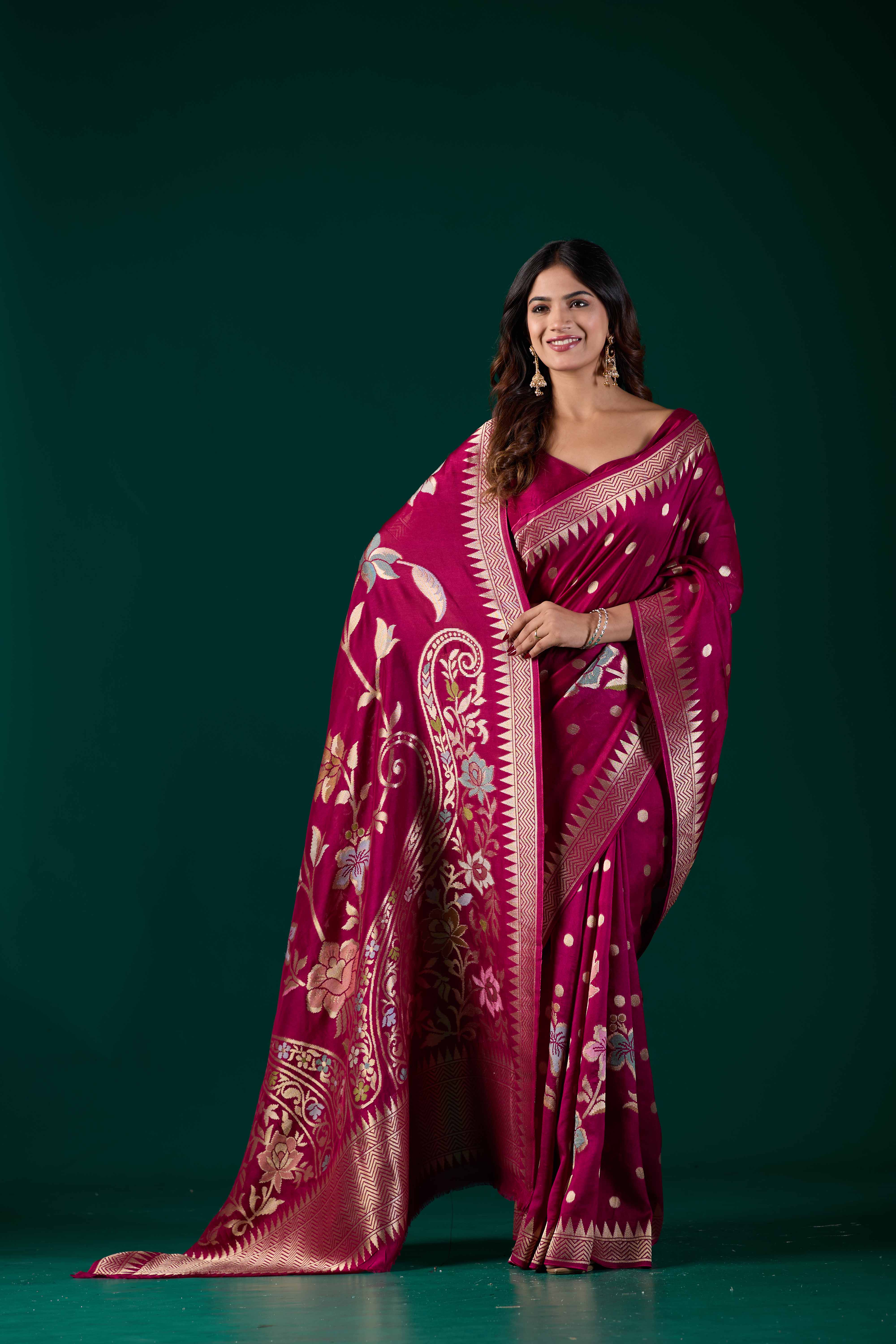 Wine Crepe Botanical Zari Woven Saree | Elegant Banarasi Wedding & Festive Wear