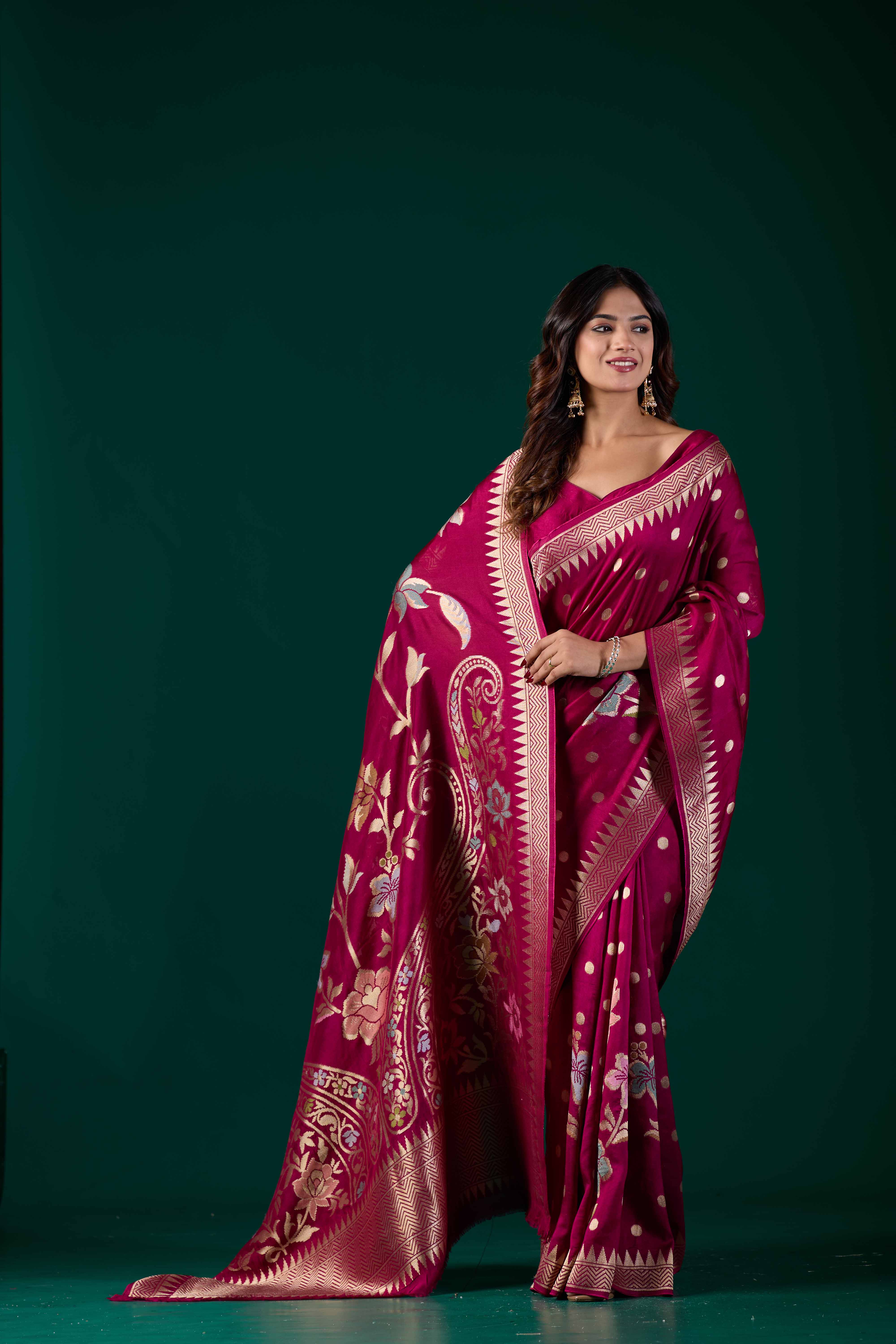 Wine Crepe Botanical Zari Woven Saree | Elegant Banarasi Wedding & Festive Wear