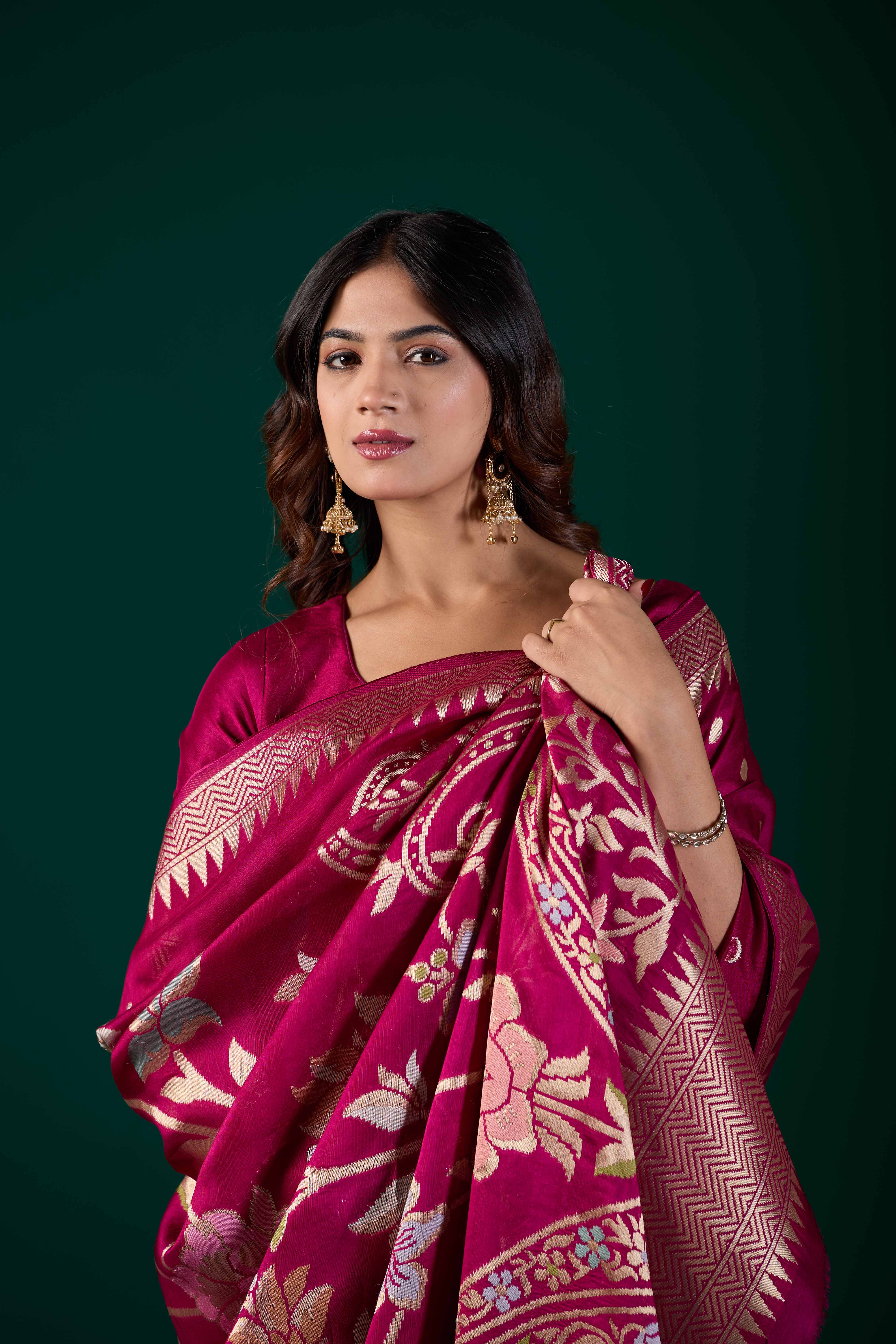 Wine Crepe Botanical Zari Woven Saree | Elegant Banarasi Wedding & Festive Wear