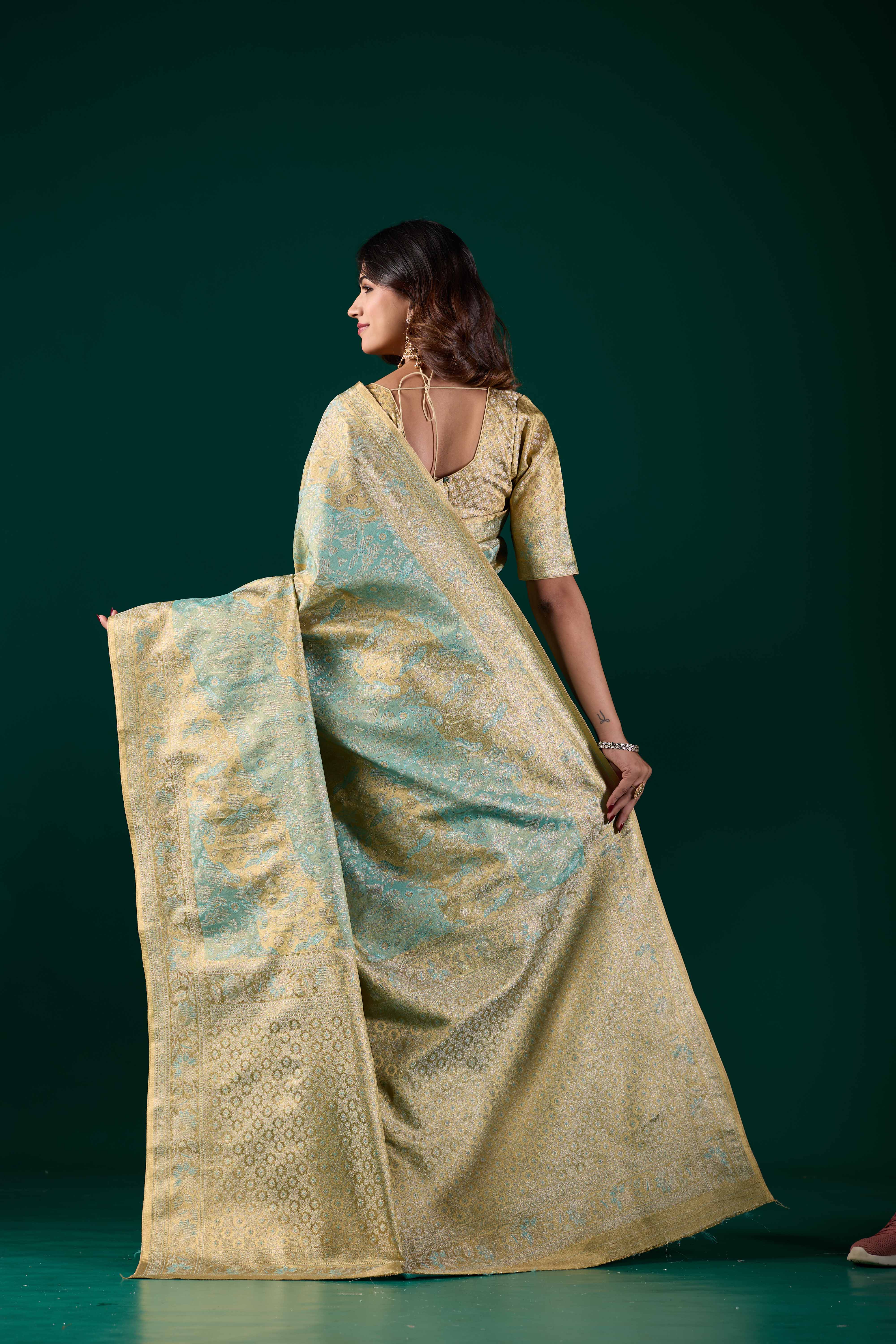 Light Pastel Mint Green Dharmavaram Silk Saree with Antique Gold Zari | Wedding & Festive Saree