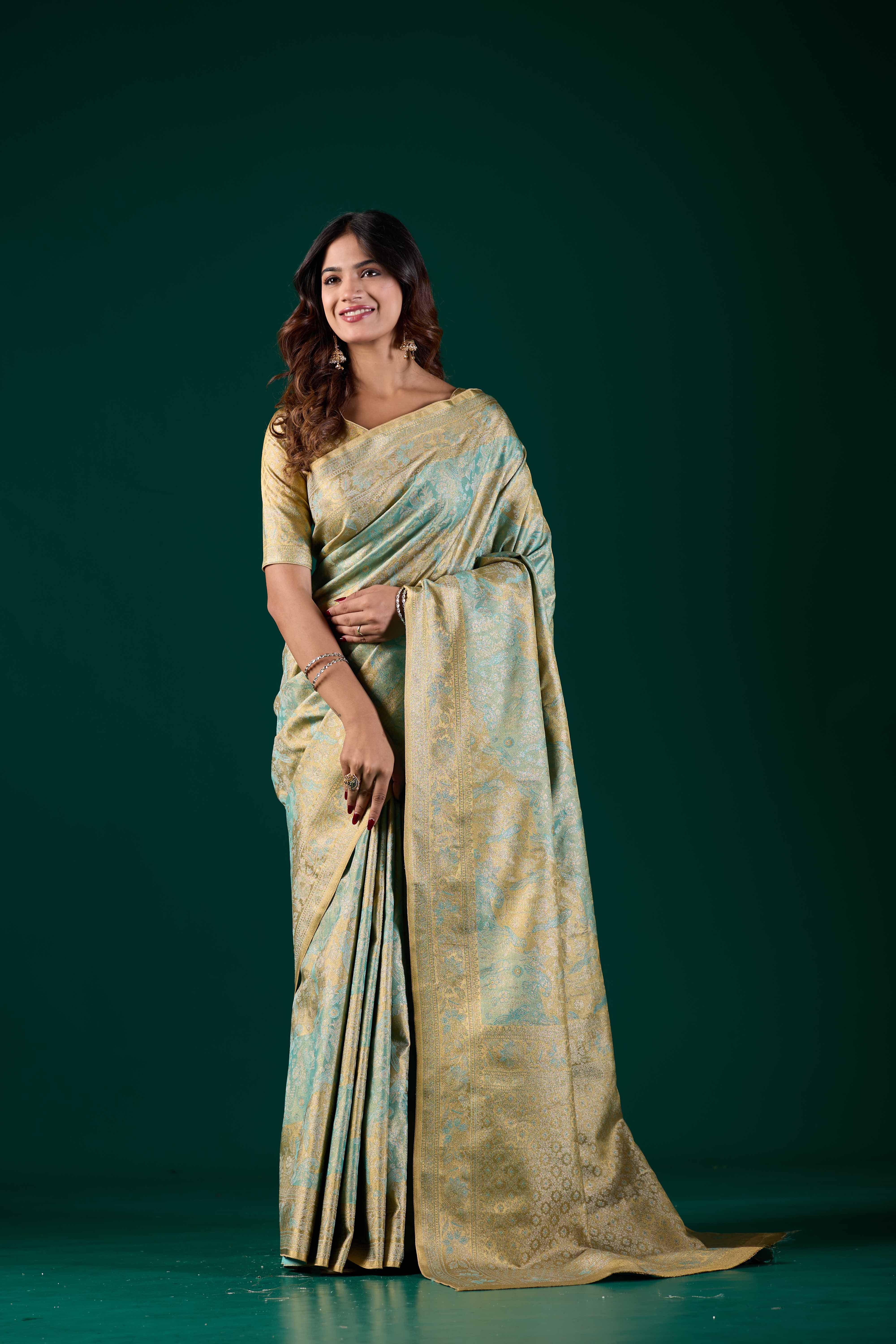 Light Pastel Mint Green Dharmavaram Silk Saree with Antique Gold Zari | Wedding & Festive Saree