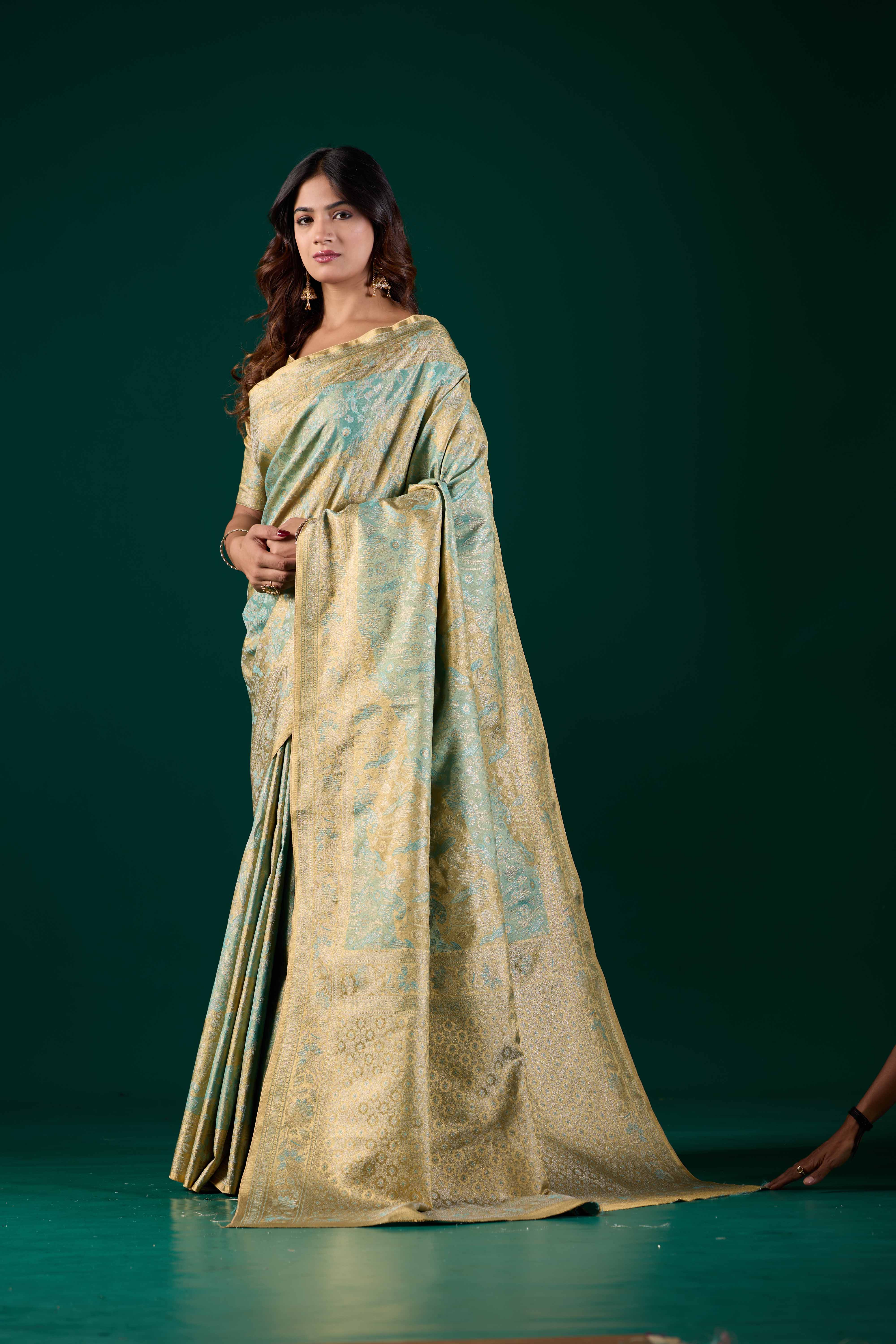 Light Pastel Mint Green Dharmavaram Silk Saree with Antique Gold Zari | Wedding & Festive Saree