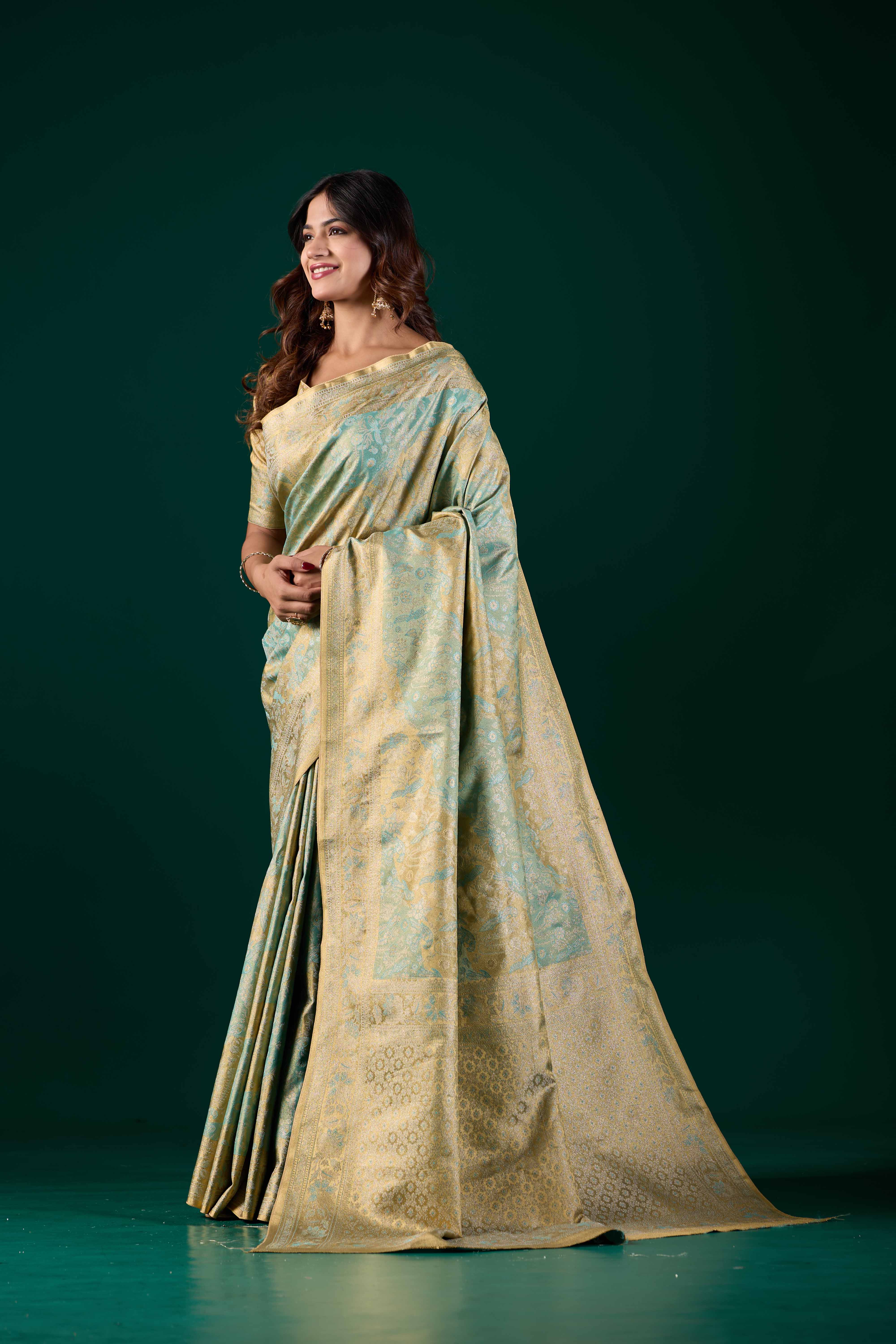 Light Pastel Mint Green Dharmavaram Silk Saree with Antique Gold Zari | Wedding & Festive Saree
