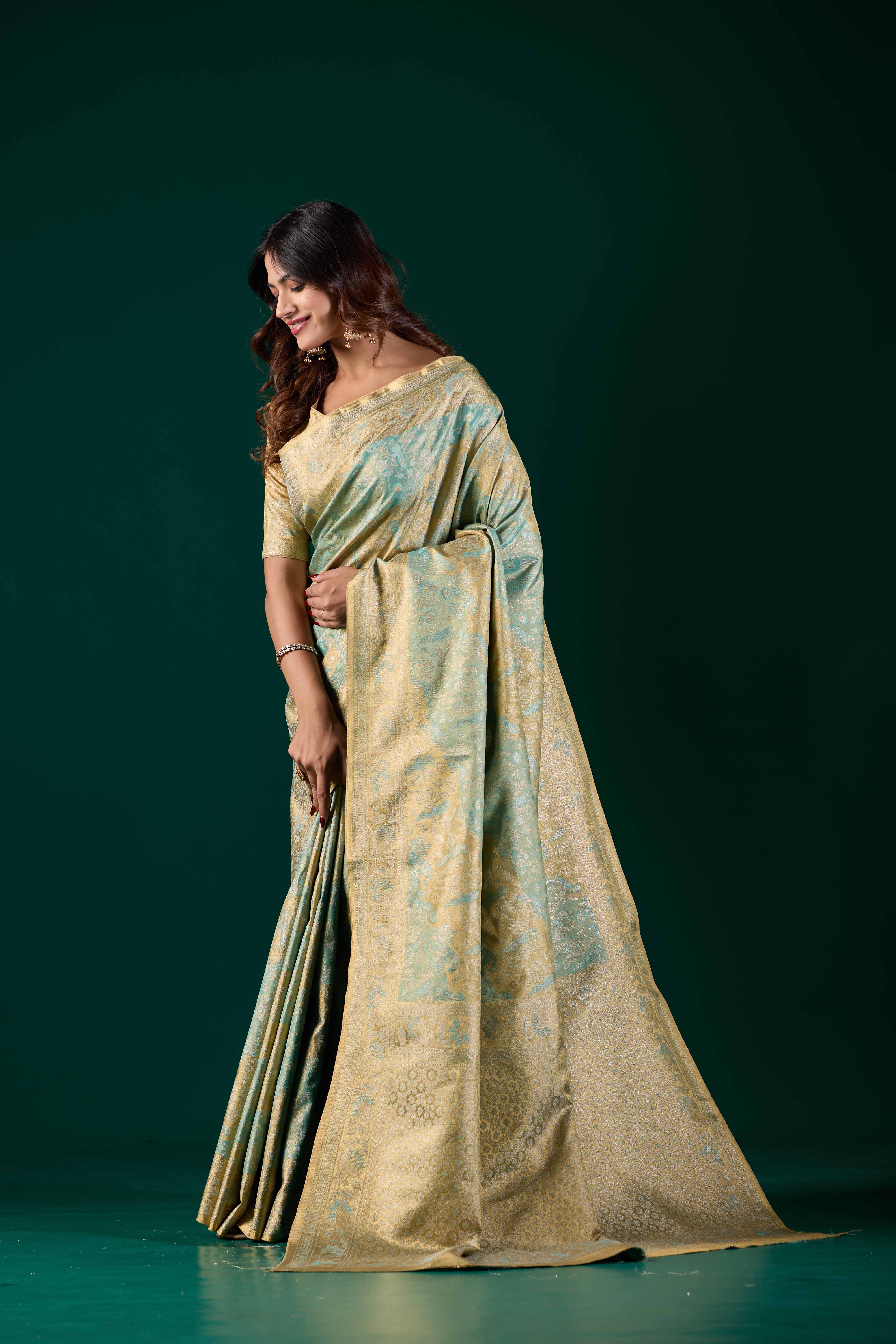 Light Pastel Mint Green Dharmavaram Silk Saree with Antique Gold Zari | Wedding & Festive Saree