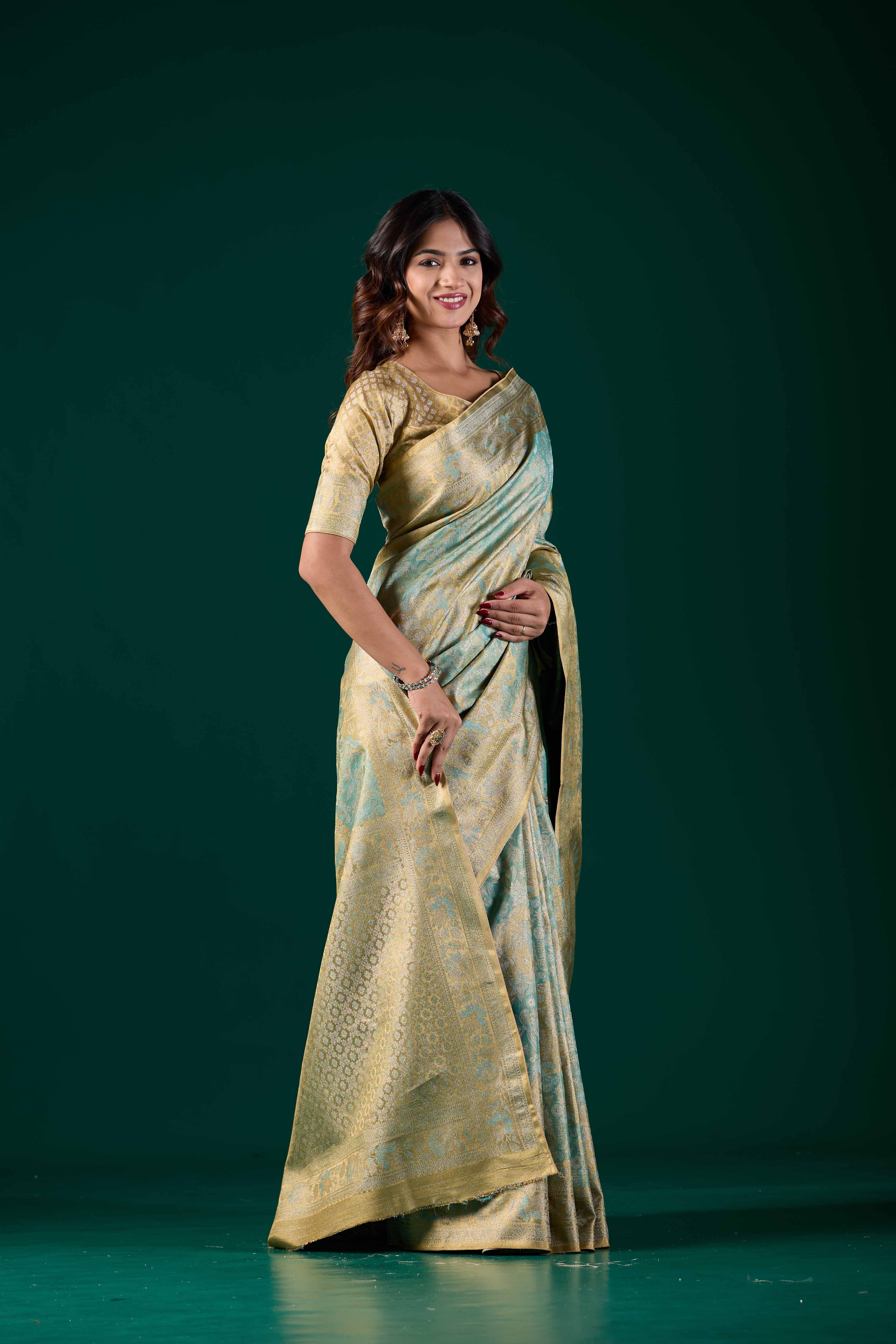 Light Pastel Mint Green Dharmavaram Silk Saree with Antique Gold Zari | Wedding & Festive Saree