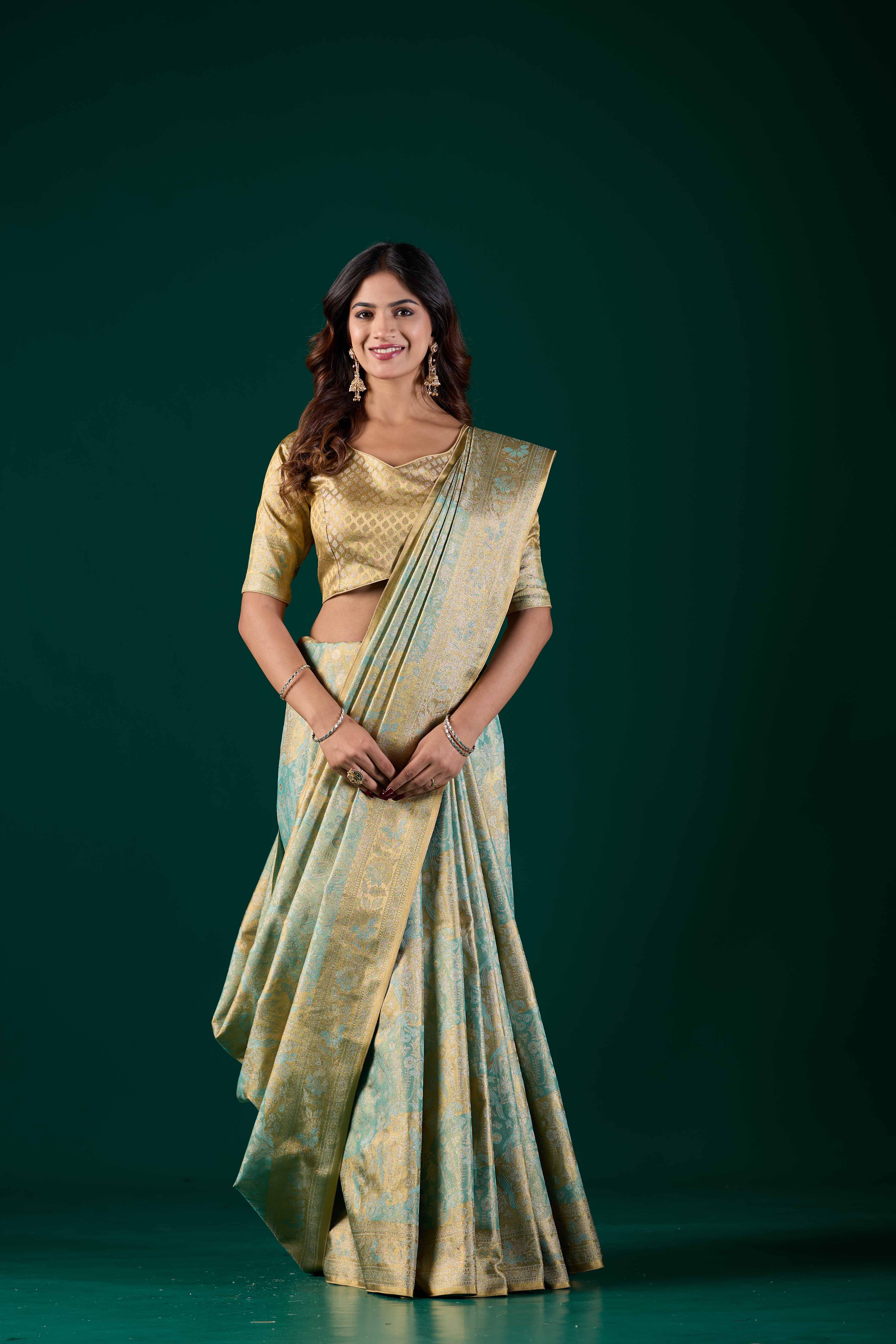 Light Pastel Mint Green Dharmavaram Silk Saree with Antique Gold Zari | Wedding & Festive Saree