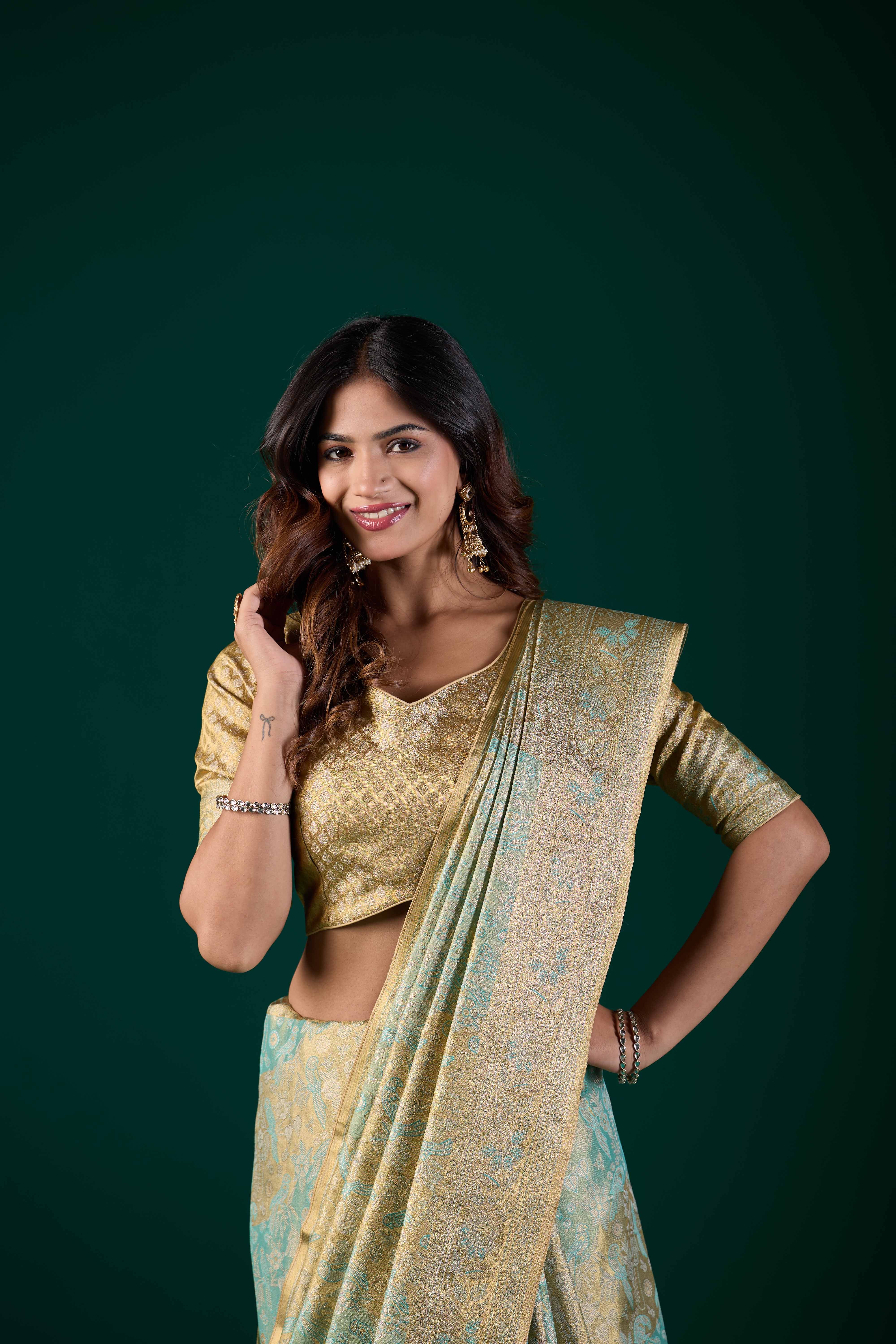 Light Pastel Mint Green Dharmavaram Silk Saree with Antique Gold Zari | Wedding & Festive Saree