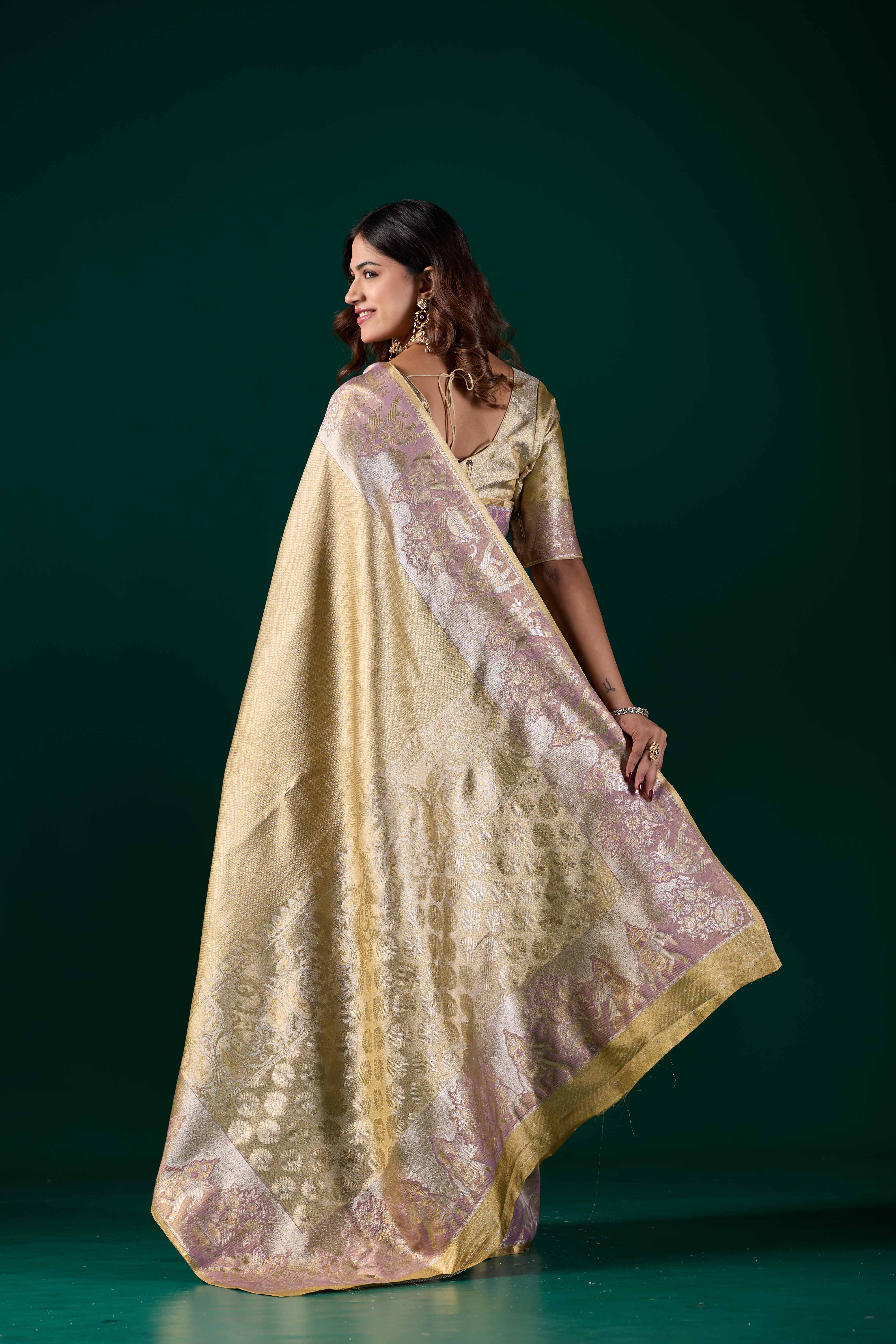 Gold-Toned Art Silk Kanjivaram Saree with Pastel Pink & Lavender Zari Border | Festive Wear