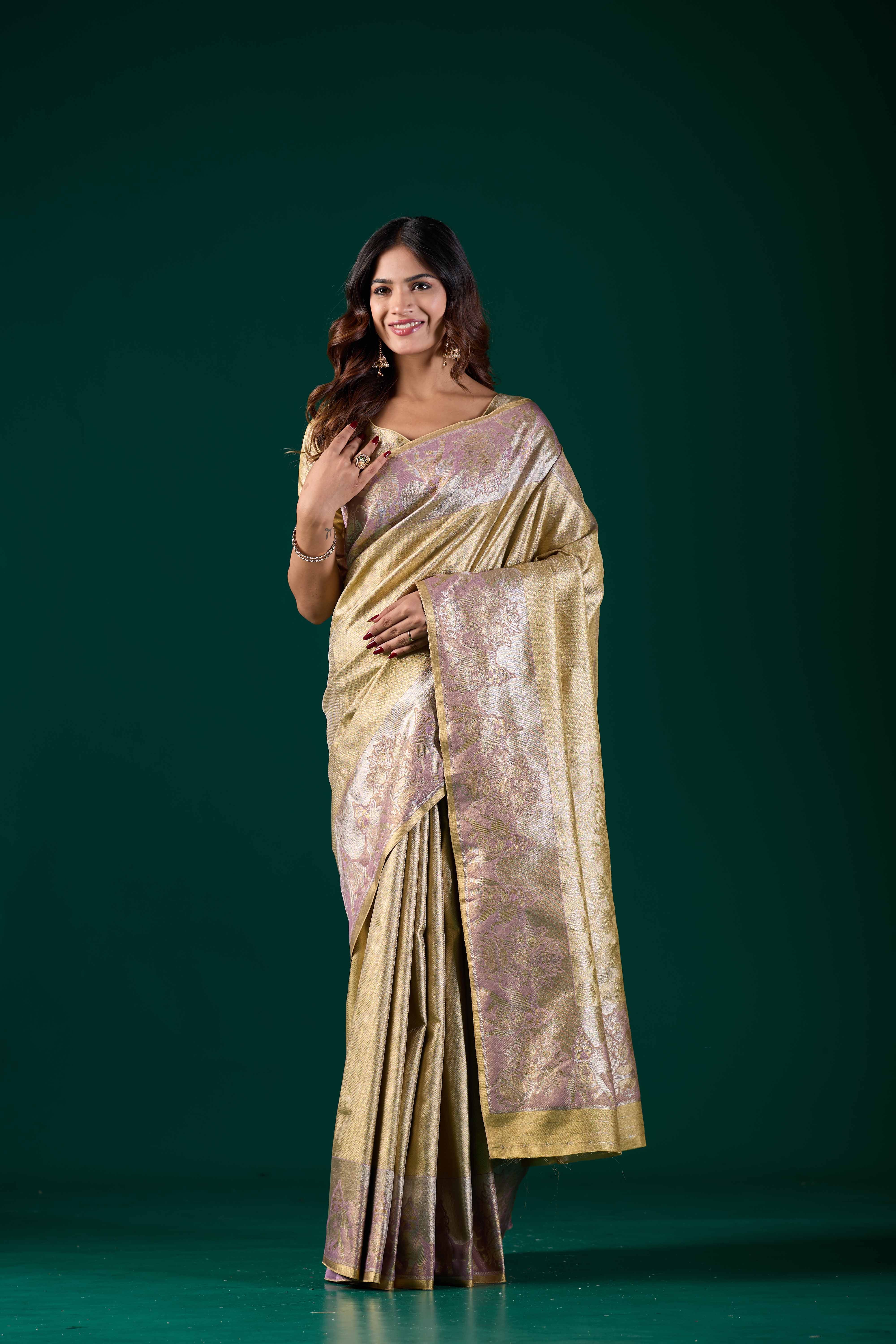 Gold-Toned Art Silk Kanjivaram Saree with Pastel Pink & Lavender Zari Border | Festive Wear
