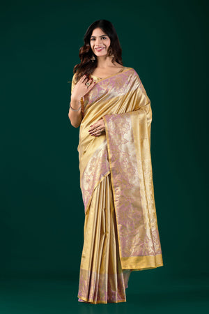 Gold-Toned Art Silk Kanjivaram Saree with Pastel Pink & Lavender Zari Border | Festive Wear