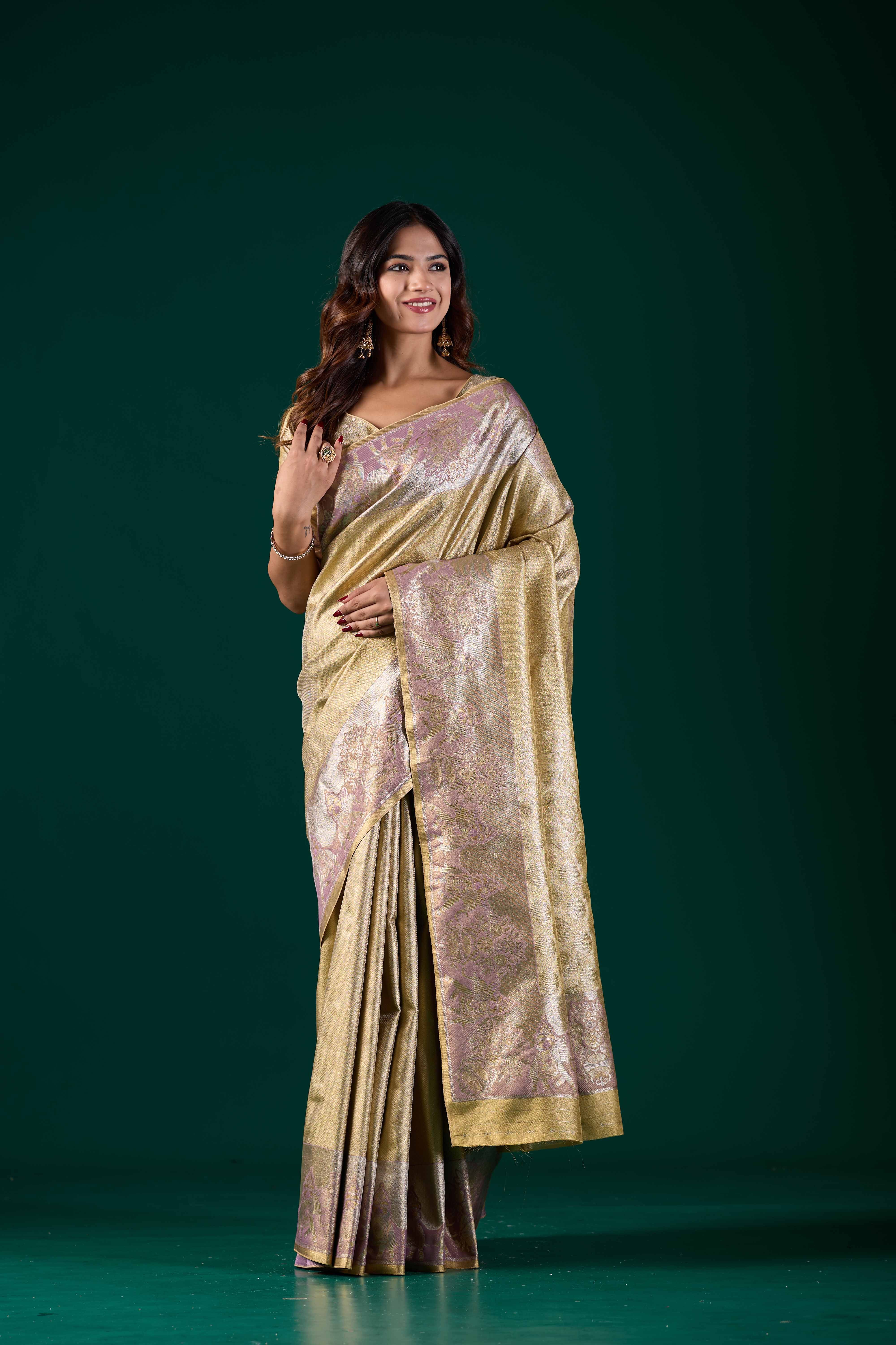 Gold-Toned Art Silk Kanjivaram Saree with Pastel Pink & Lavender Zari Border | Festive Wear